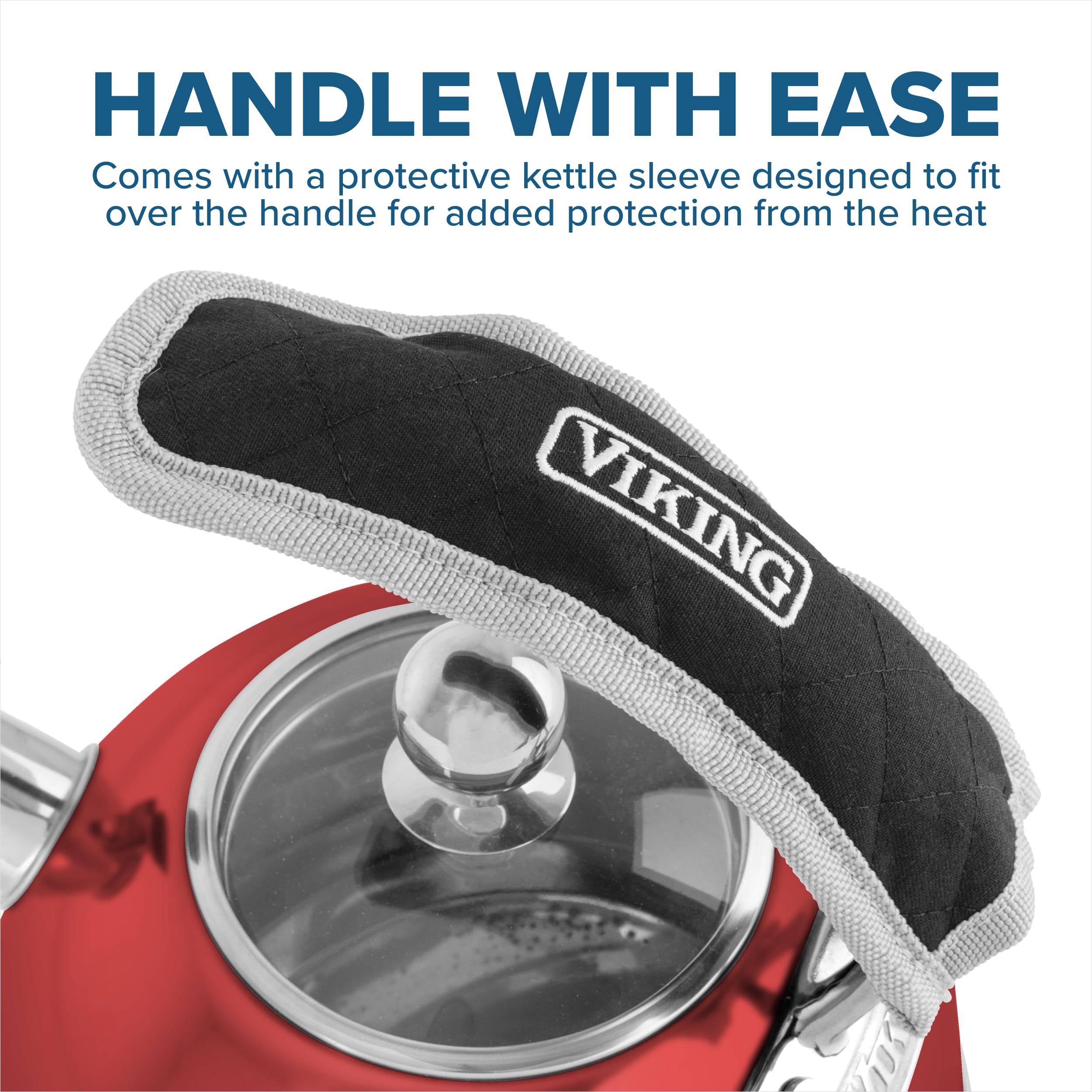 Viking Culinary 3-Ply Stainless Steel Whistling Tea Kettle  2.6 Quart  Includes Tempered Glass Lid  Ergonomic Stay-Cool Handle  Works on All Cooktops including Induction  Red