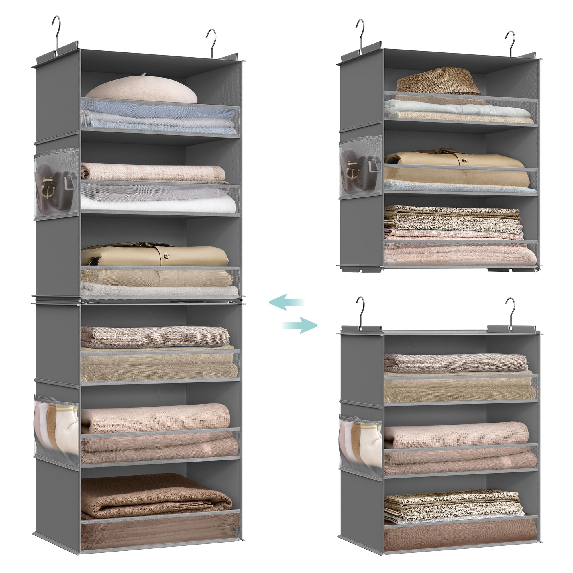 SONGMICS Hanging Closet Organizer, 6-Tier Fabric Storage Shelf, Separable Closet Hanging Shelf with Side Pockets, Foldable, Meta