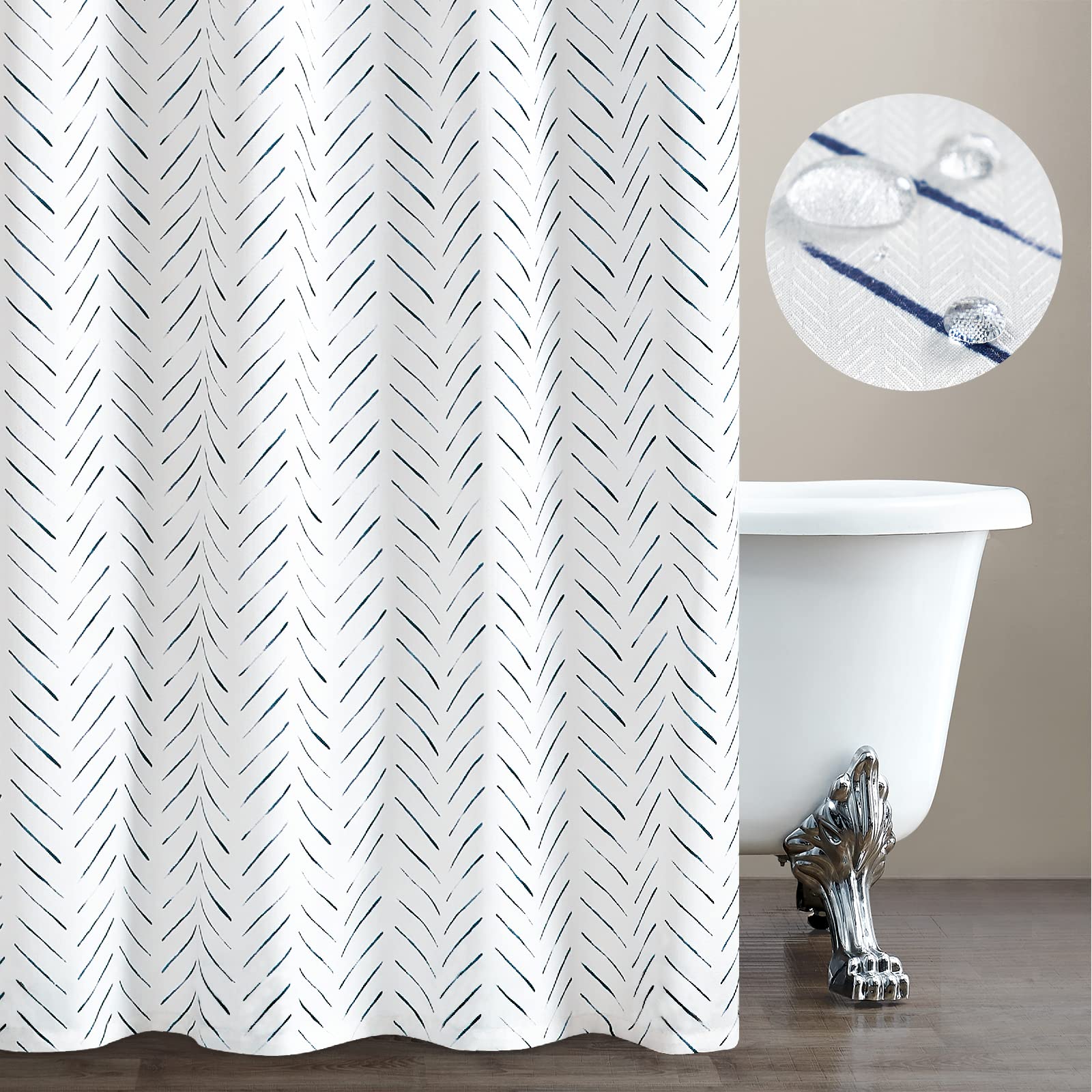 jinchan Extra Long Blue and White Shower Curtain Inky Herringbone Chevron Zig Zag Waterproof Fabric Modern Farmhouse Shower Curt