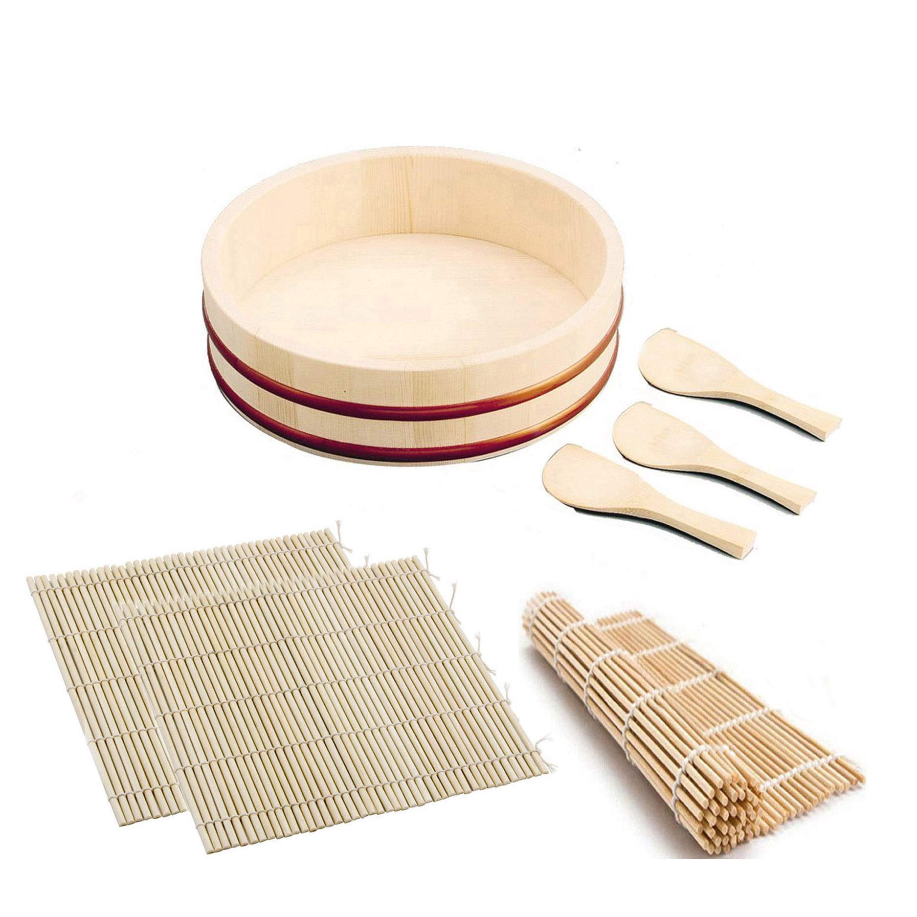 JapanBargain, Sushi Making Kit with Wooden Hangiri Rice Mixing Tub 10, 3 Bamboo Sushi Rolling Mats 9.5, and 3 Rice Paddles, Trad