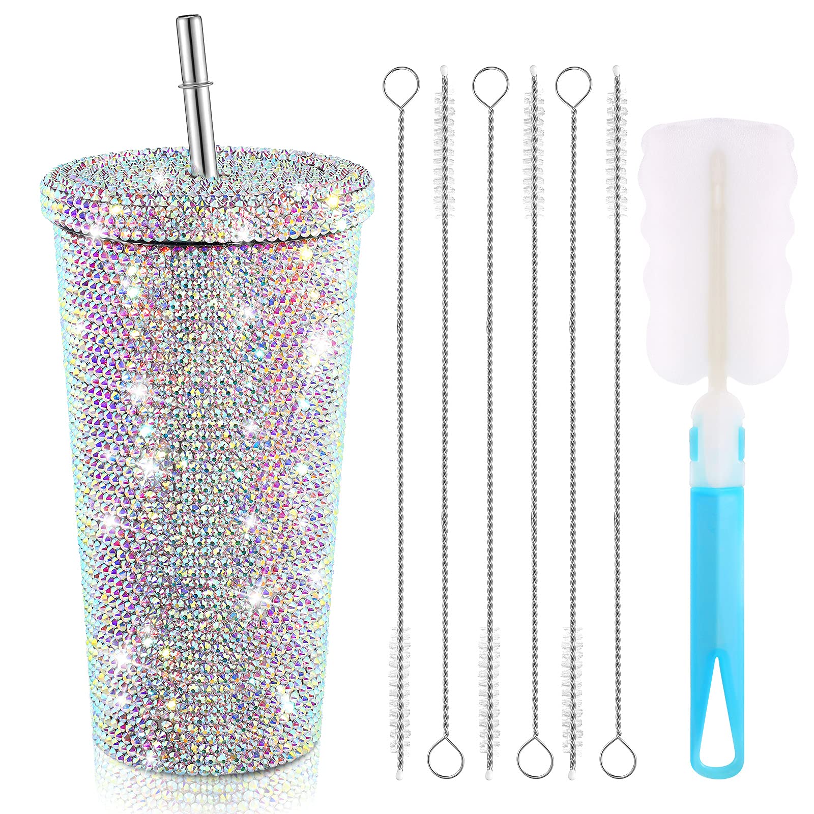 Studded Bling Diamond Tumbler Glitter Water Bottle With Lid Stainless Steel Vacuum Thermal Straw Tumbler Rhinestone Tumbler With