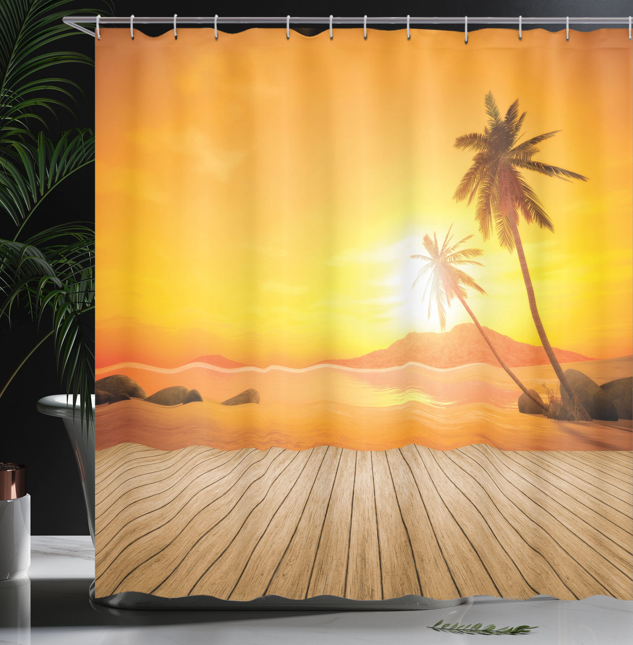 Ambesonne Ocean Shower Curtain, Sunset Over The Ocean With Palm Tree And Wooden Deck Horizon View Image Tropical, Cloth Fabric B