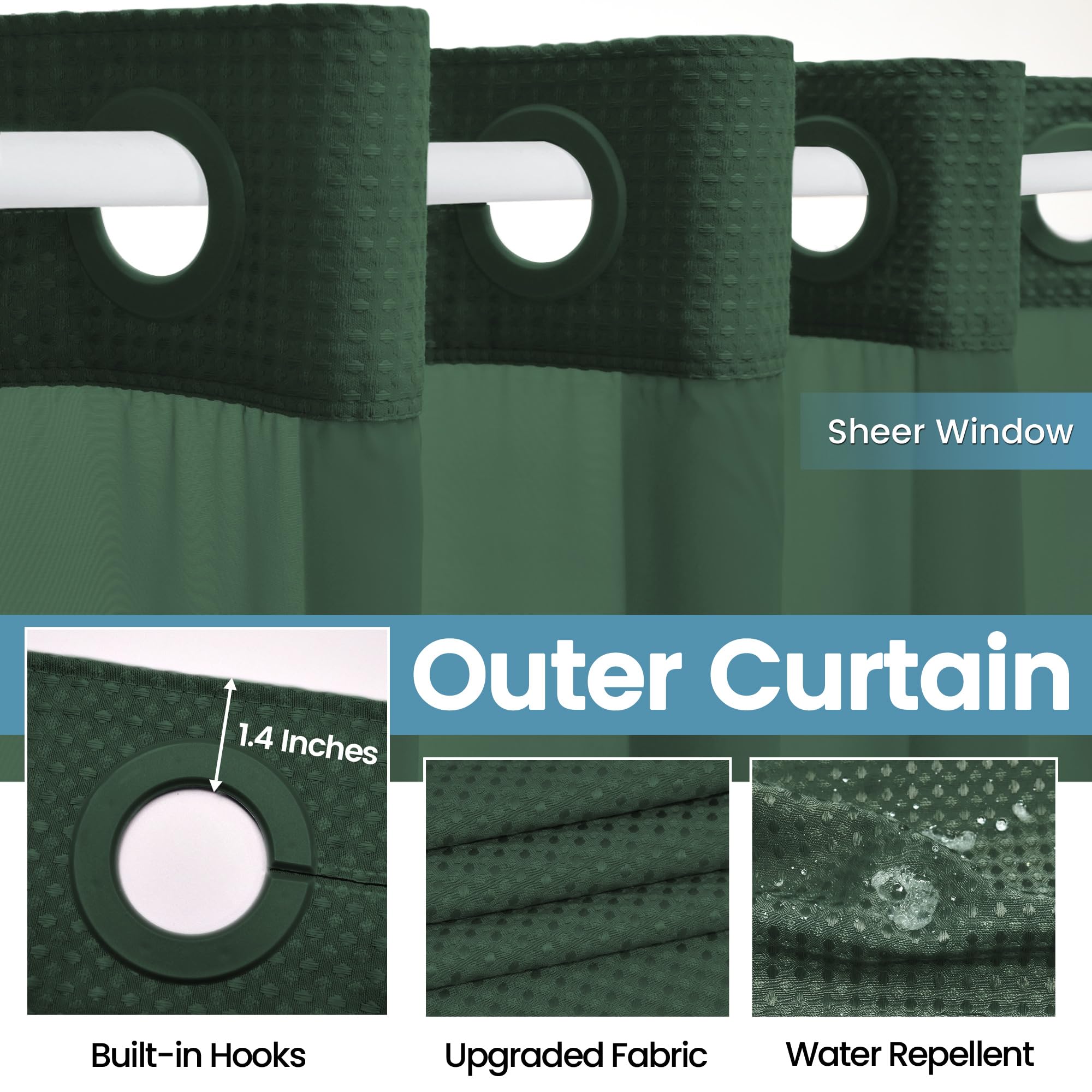 Eutxl Dark Green Shower Curtain And Liner Set - 230Gsm Waffle Weave Textured Heavy Duty,Hotel Luxury Weighted Bath Curtain,71W X