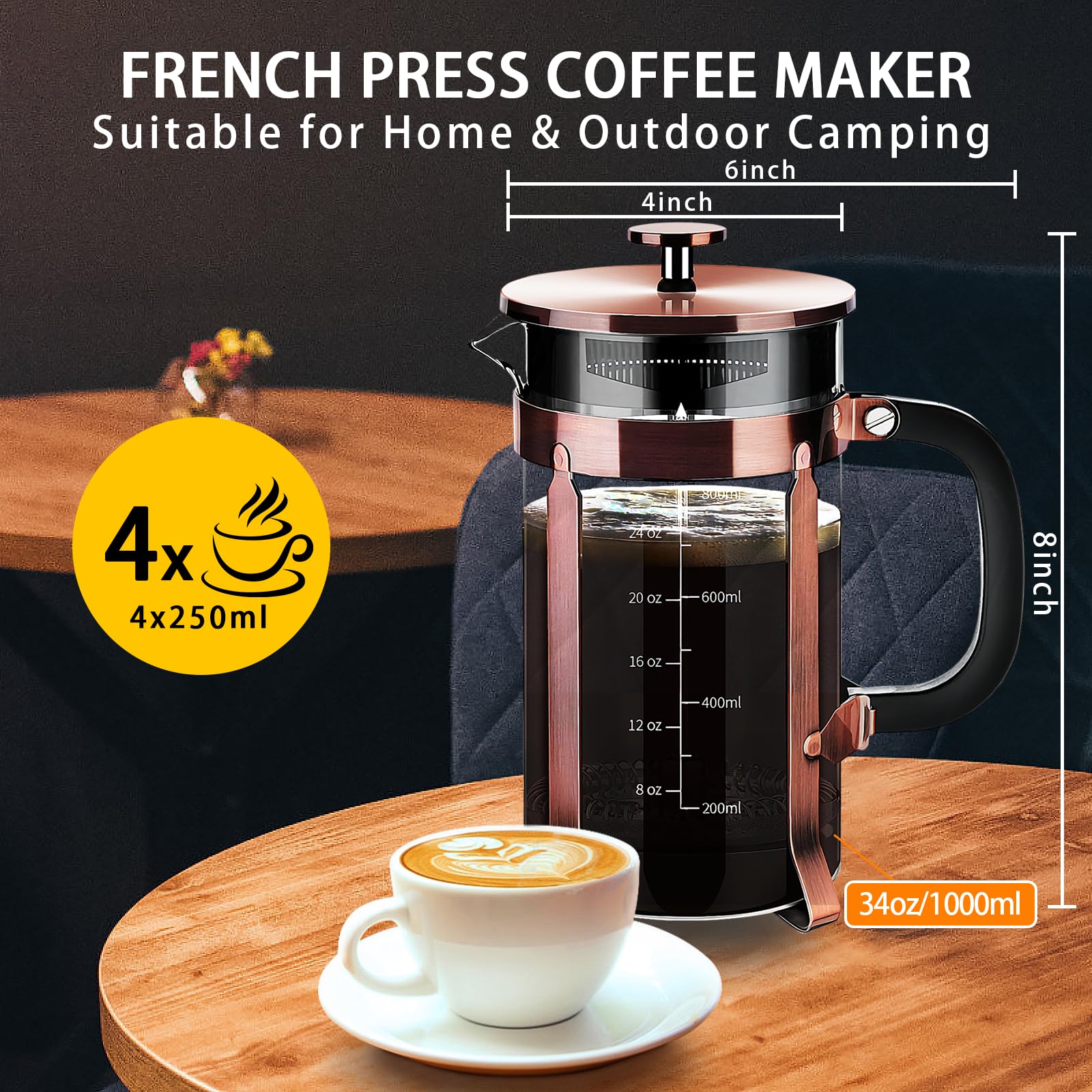 Ymmind French Press Coffee Maker 304 Stainless Steel Coffee Press,With 4 Filters System, Heat Resistant Thickness Borosilicate F