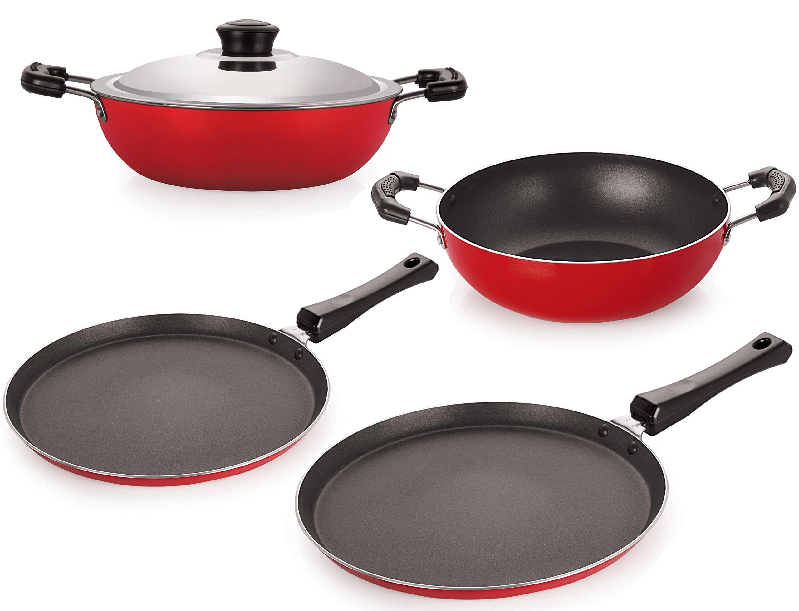 Nirlon NonStick Aluminium Cookware Set, 4Pieces, Red (Ft12_Kd12_Dkdm_Ft10)
