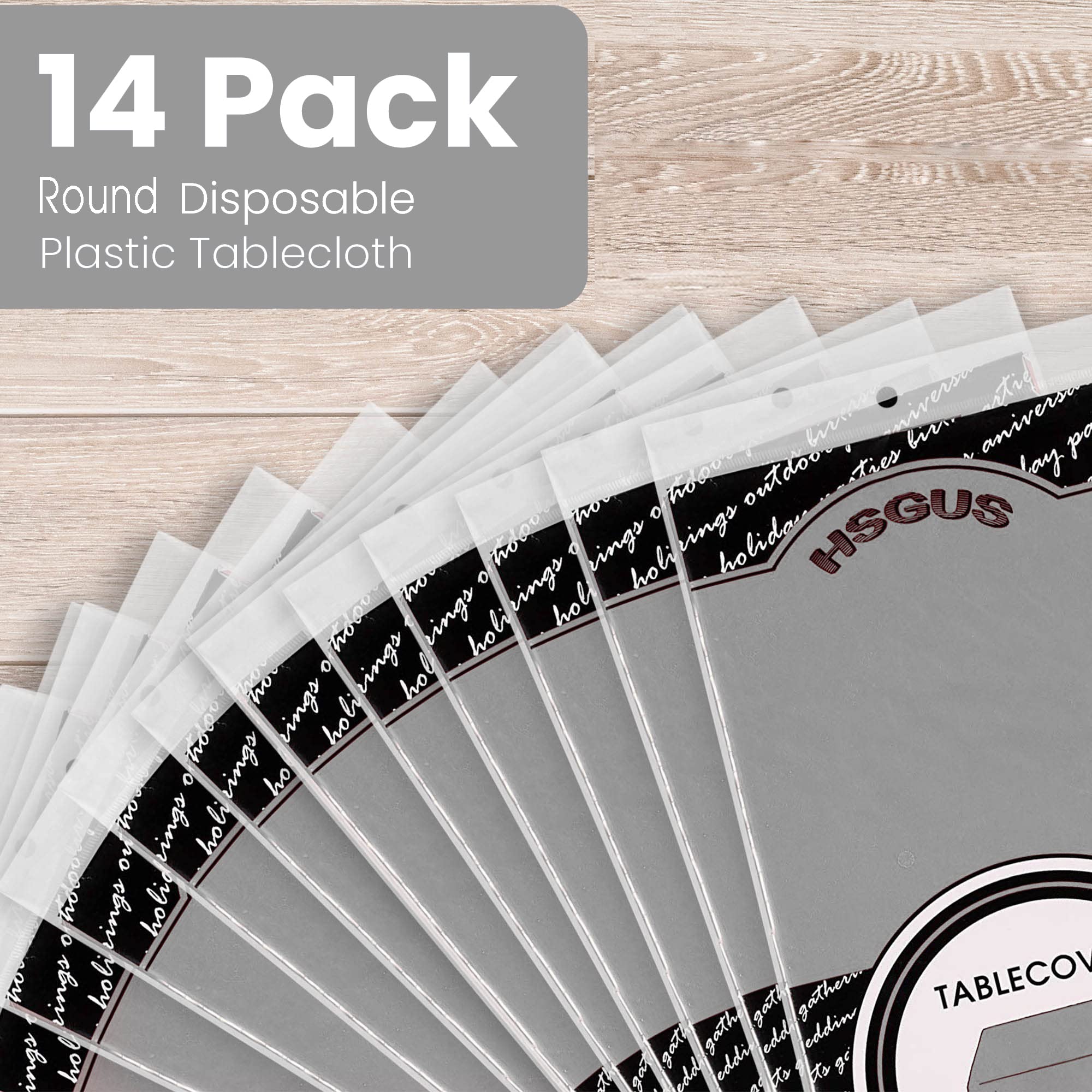 14 Pack Premium Round Silver Plastic Tablecloth - 84 X 84 In. Disposable Round Plastic Table Cloth - Decorative Round Table Cove