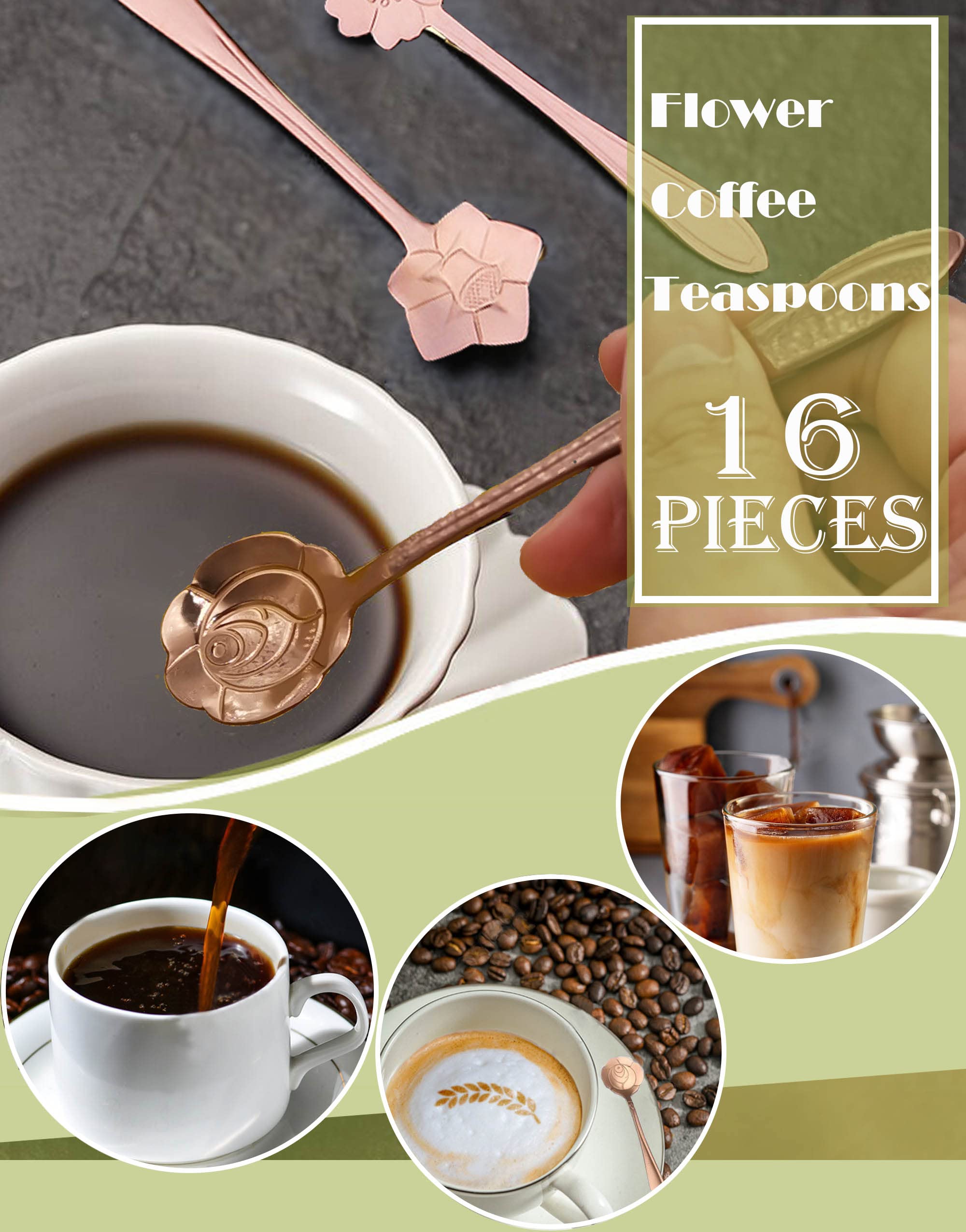 16 Pcs Teaspoon Tea Spoons, Esrise Stainless Steel Coffee Dessert Spoon, Cute Demitasse Spoon For Drink Milkshake (Rose Gold)