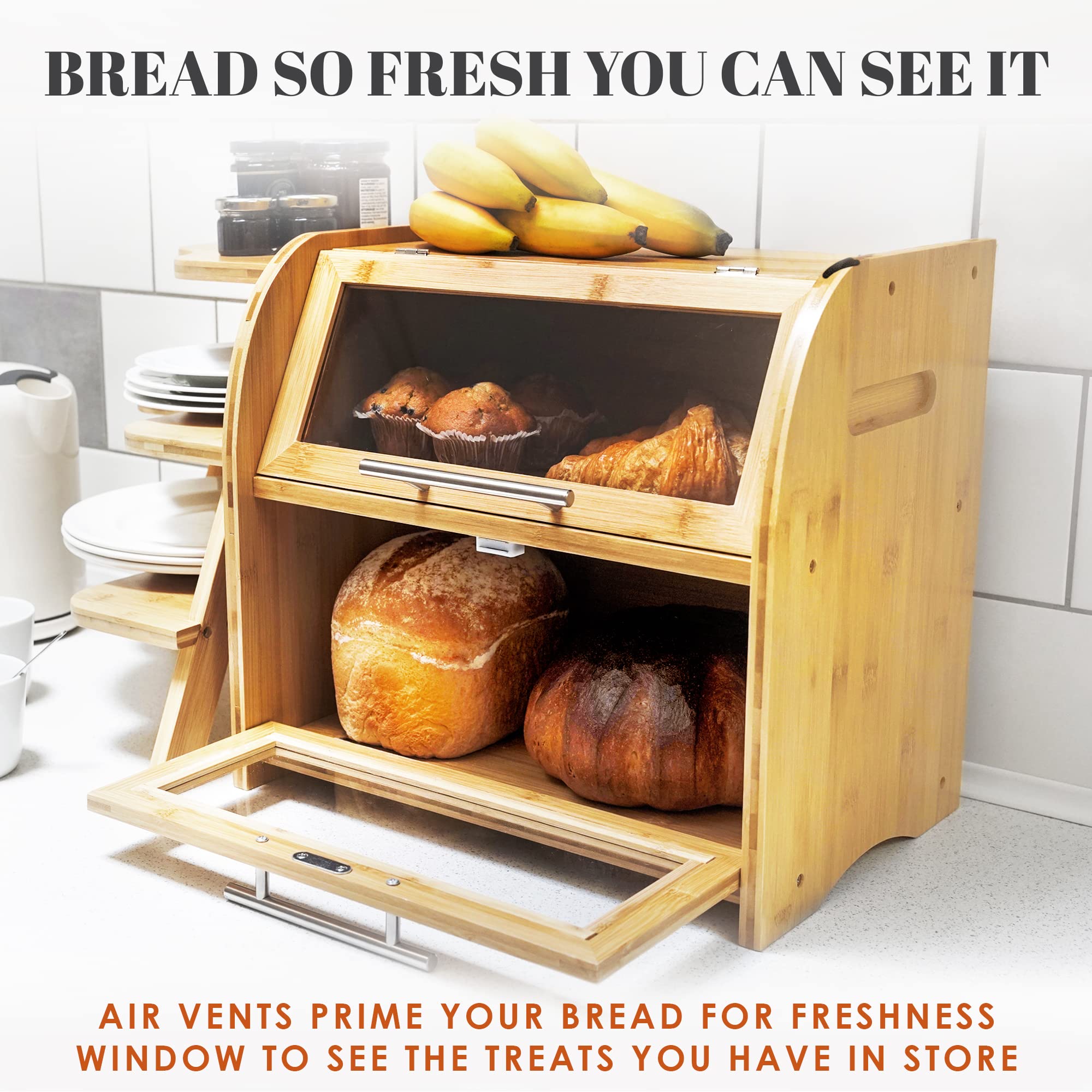 Arise Stylish Bamboo Bread Box For Kitchen Countertop, Extra Large 2-Shelf Wooden Bread Storage Container With Clear Windows And