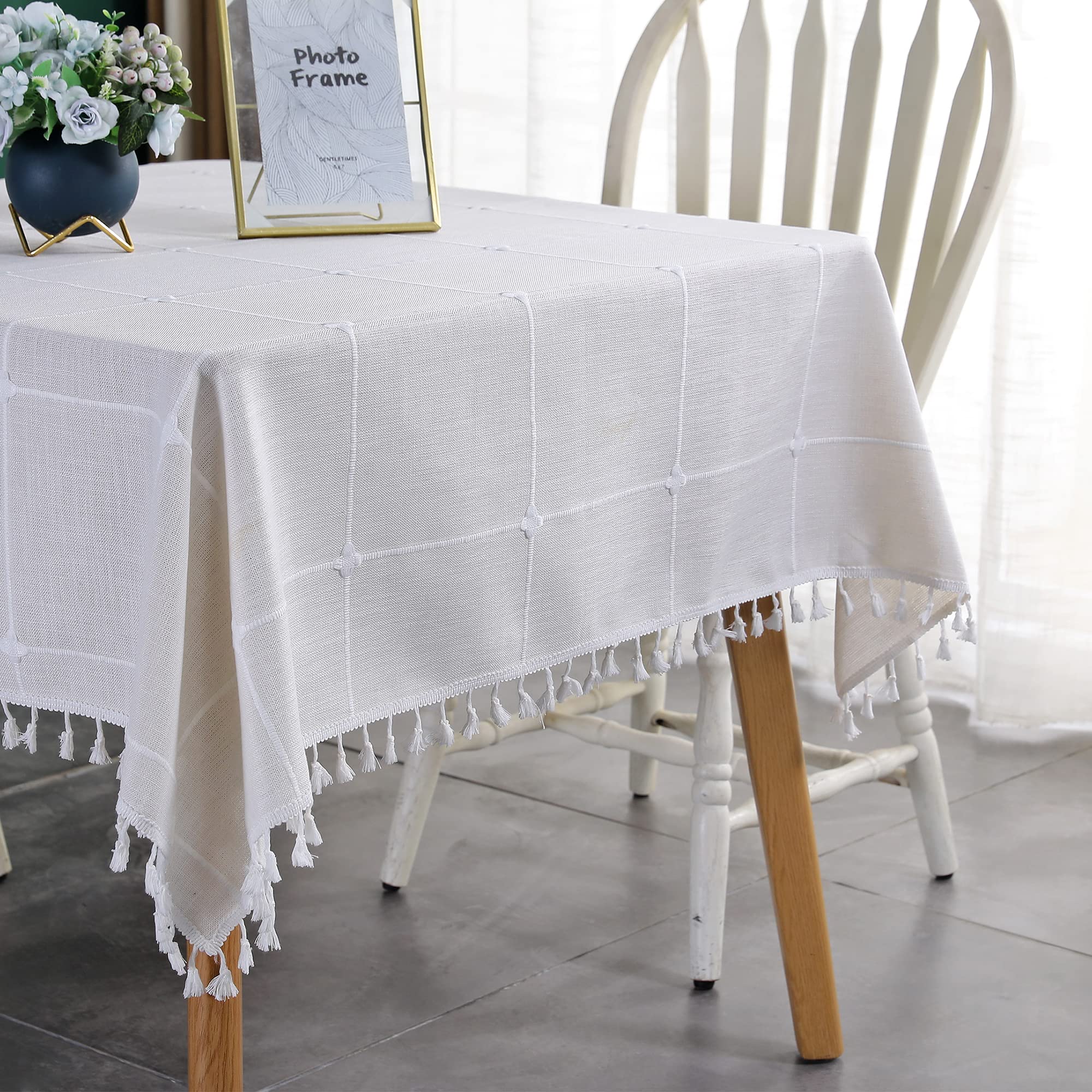 Farmhouse Checkered Embroidery Lattice Square Tablecloth With Tassel Heavy Duty Rustic Fabric Table Cover Wrinkle Resistant Wash