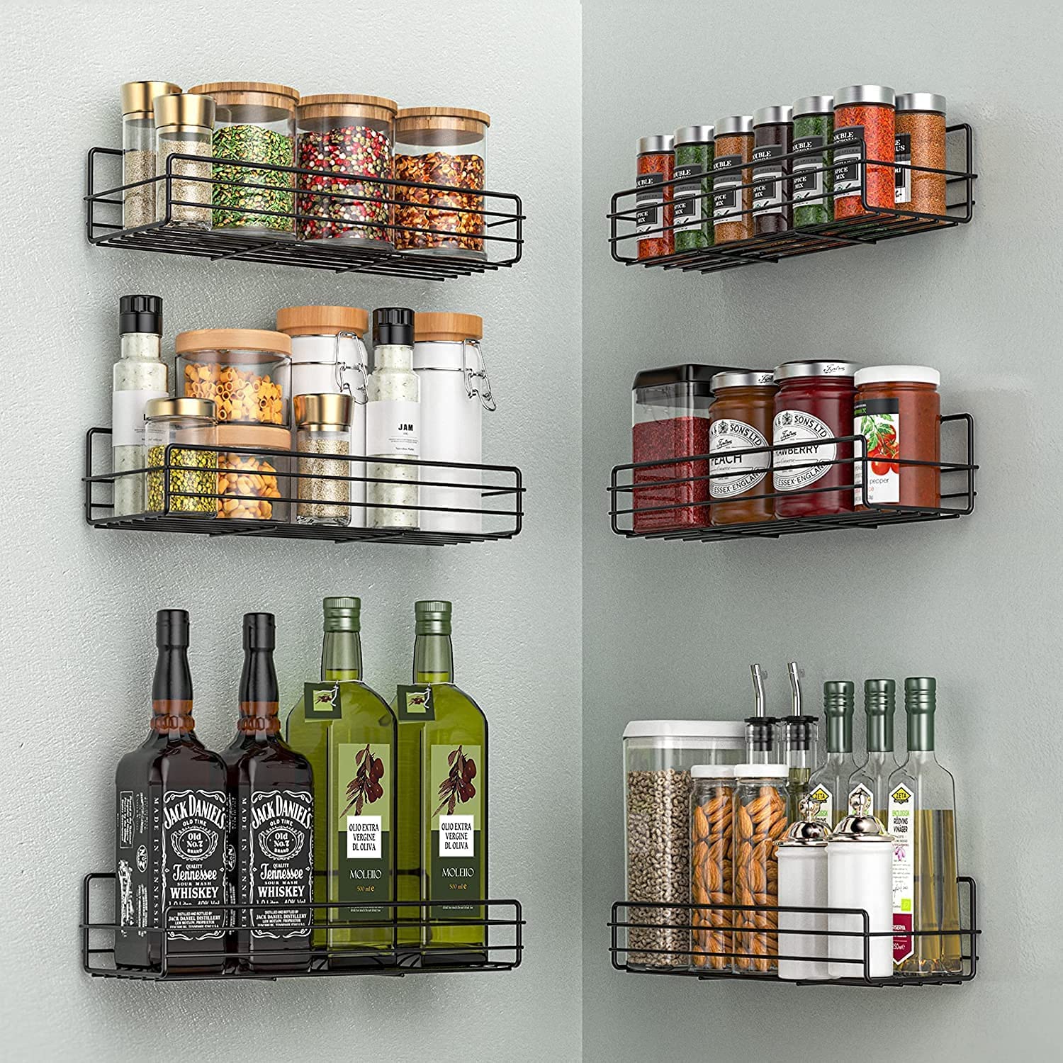 Moforoco Spice Rack Organizer Wall Mount (6Pack), Hanging Black Spice Pantry Organization Storage Shelf, Farmhouse Seasoning Org
