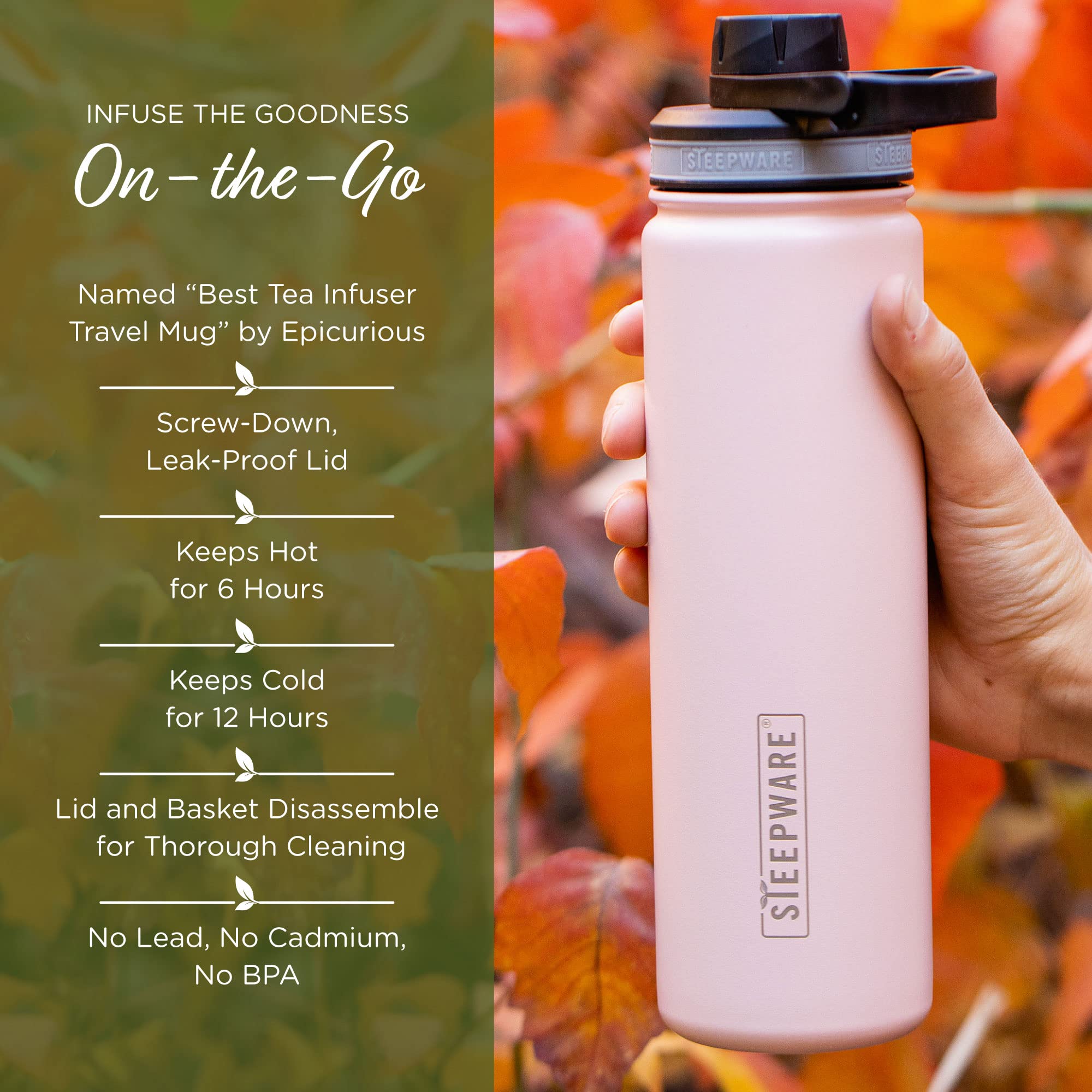 The Tea Spot Steepware Tea Tumbler, 22oz Insulated Travel Bottle, Teal, Model 3-7004, with Tea Infuser for Loose Leaf Tea & Iced Coffee