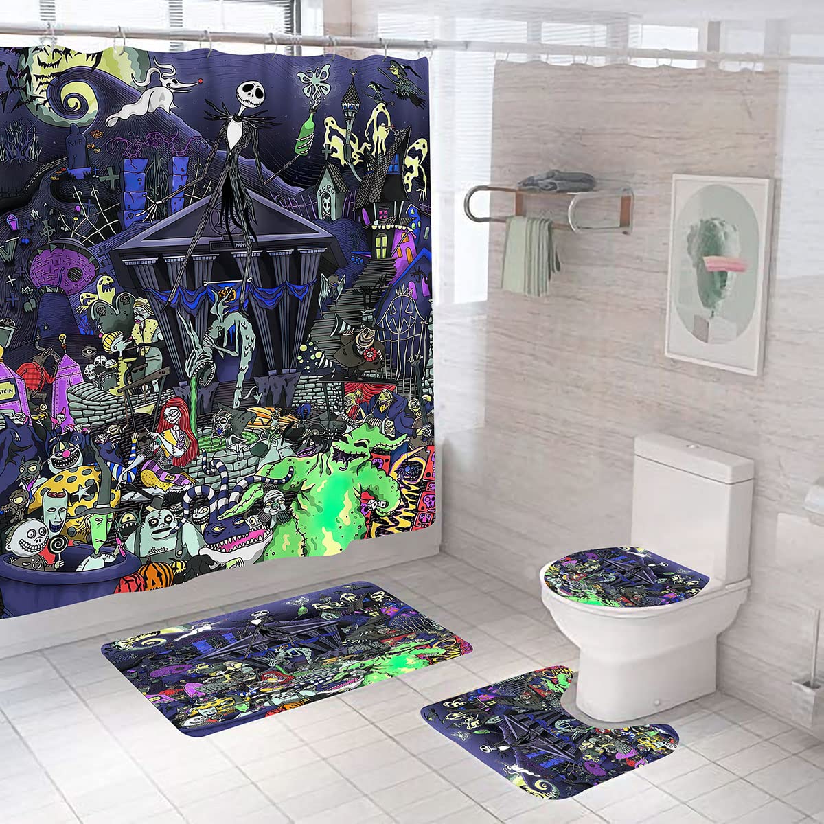 Dds-Dudes 4Pcs Nightmare Before Christmas Zombie Bride Jack Shower Curtain Sets Kids Bathroom Halloween Decor With 12 Curtain Ho