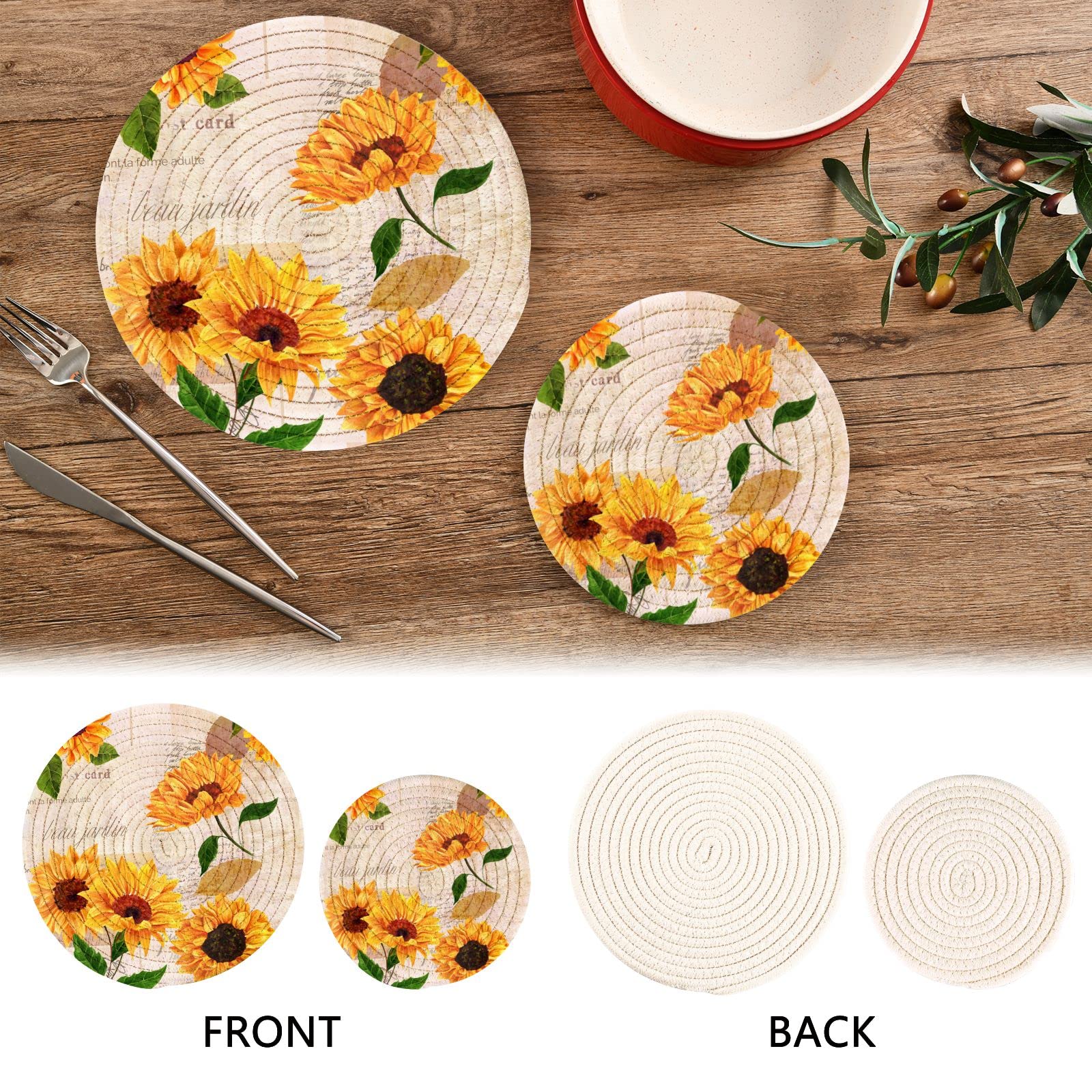 Blueangle 2-Pcs Yellow Watercolor Sunflowers Trivet Pot Holder - Round Woven Potholders Set - Cotton Braided Hot Pads - Coasters