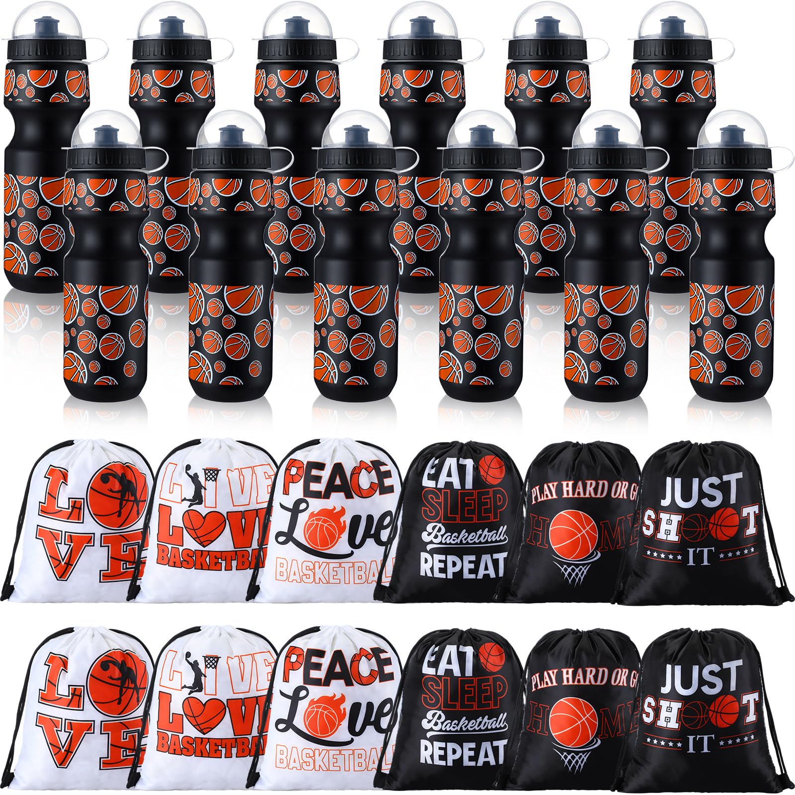Hosuly 24 Pcs 24 oz Basketball Water Bottle Bulk and Drawstring Bag Set 12 Reusable Plastic Biking Water Bottle Tumbler 12 Sport