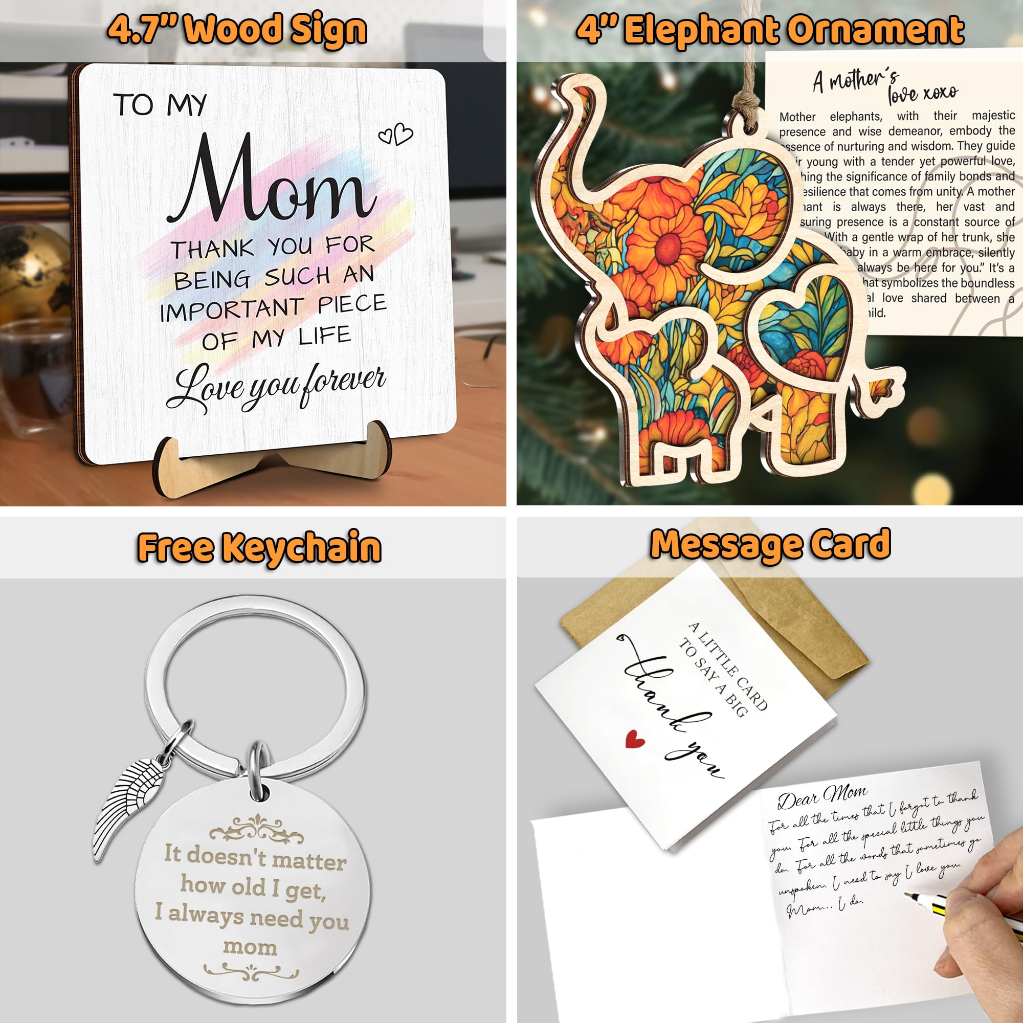 Mom Christmas Gift from Daughter Son, Mother Appreciation Plaque, Motherhood Elephant Ornament for Women, Mother Engraved Keycha