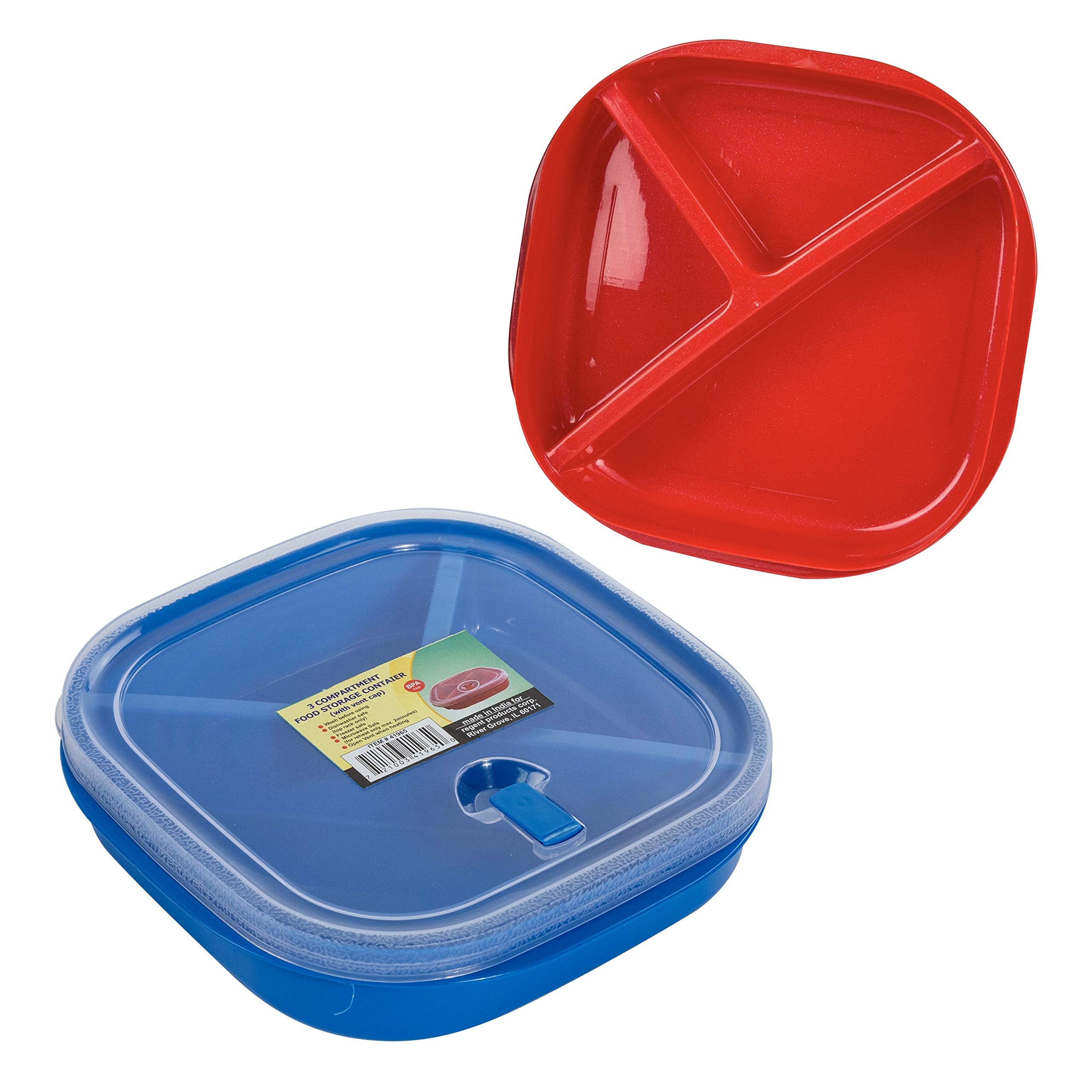 (Set Of 3) Square Microwave Food Storage Tray Containers - 3 Section/Compartment Divided Plates W/Vented Lid - Assorted Colors