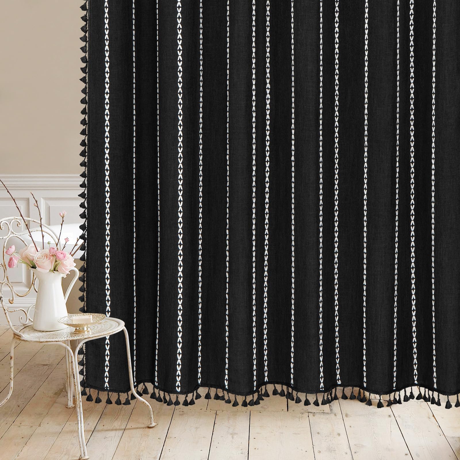 Mitovilla Boho Extra Long Shower Curtain 72 X 84, Black 84 Inch Xl Cotton Linen Tassel Fabric Shower Curtain Set With Hooks For