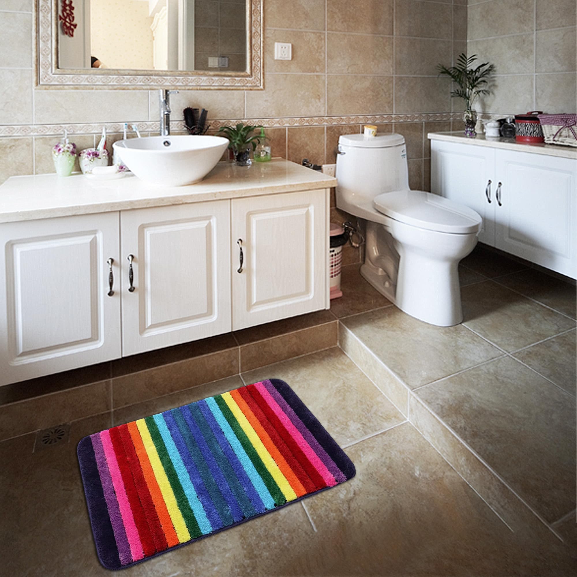 NIENLCIP Rainbow Bath Mat Colorful Bathroom Rugs Super Soft and Absorbent Microfiber Plush Bath Rugs with Non-Slip Backing for Bathroom Machine Washable 19 '' X 27 ''