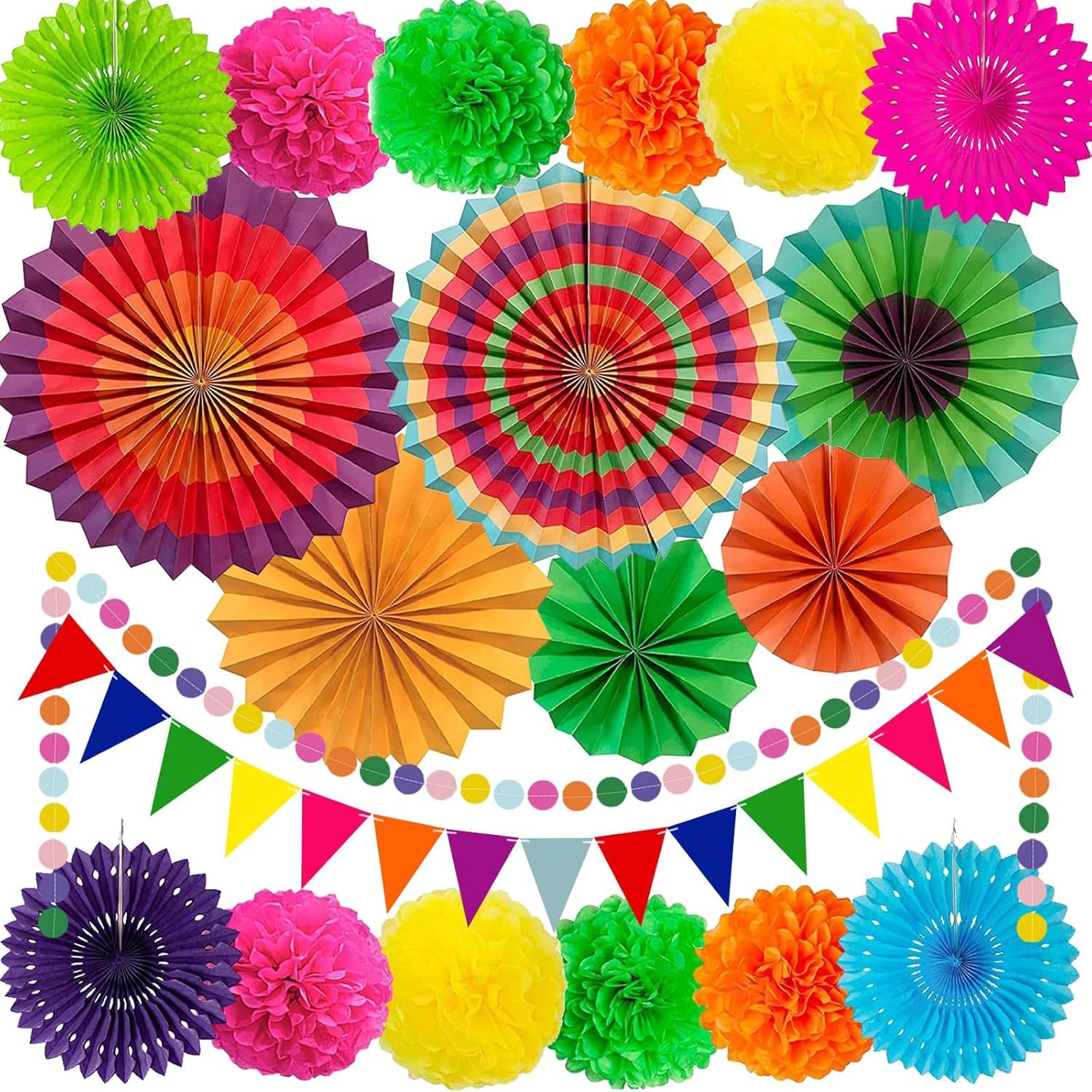 INCHEON PARTY Tissue Hanging Paper Fan, Pom Poms, Circle Dots Garland & Triangle Pennant Set | Decorative Party Supplies for Wed