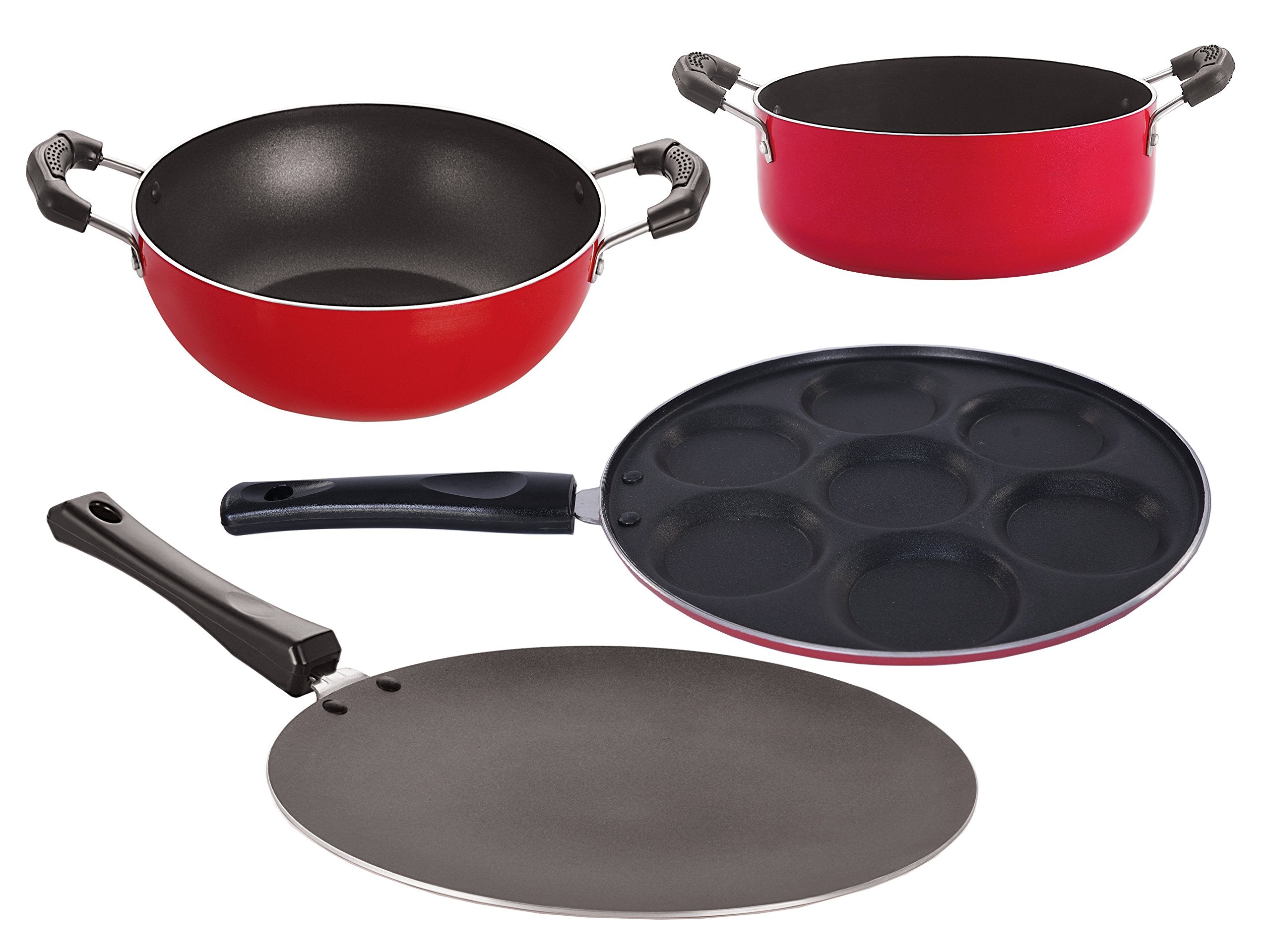 Nirlon NonStick Aluminum Cookware Set, 4Piece, Red And Black (2.6Mm_Ct_Kd13_Up_Cass20)