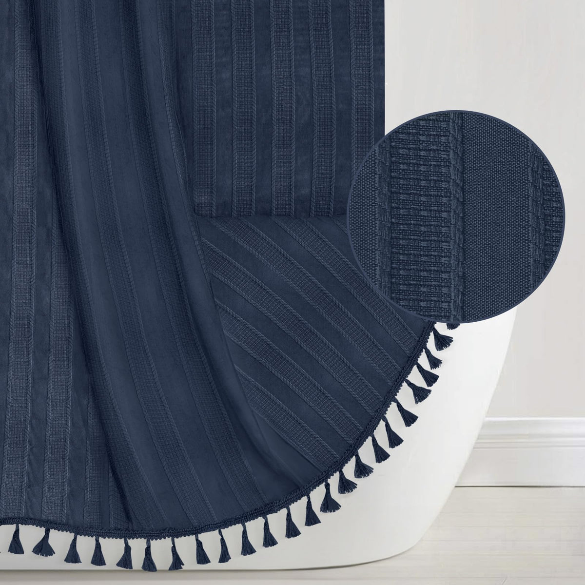 Navy Blue Shower Curtain Boho Farmhouse Striped Textured Tassel Shower Curtains For Bathroom Minimalist Cloth Shower Curtain Set