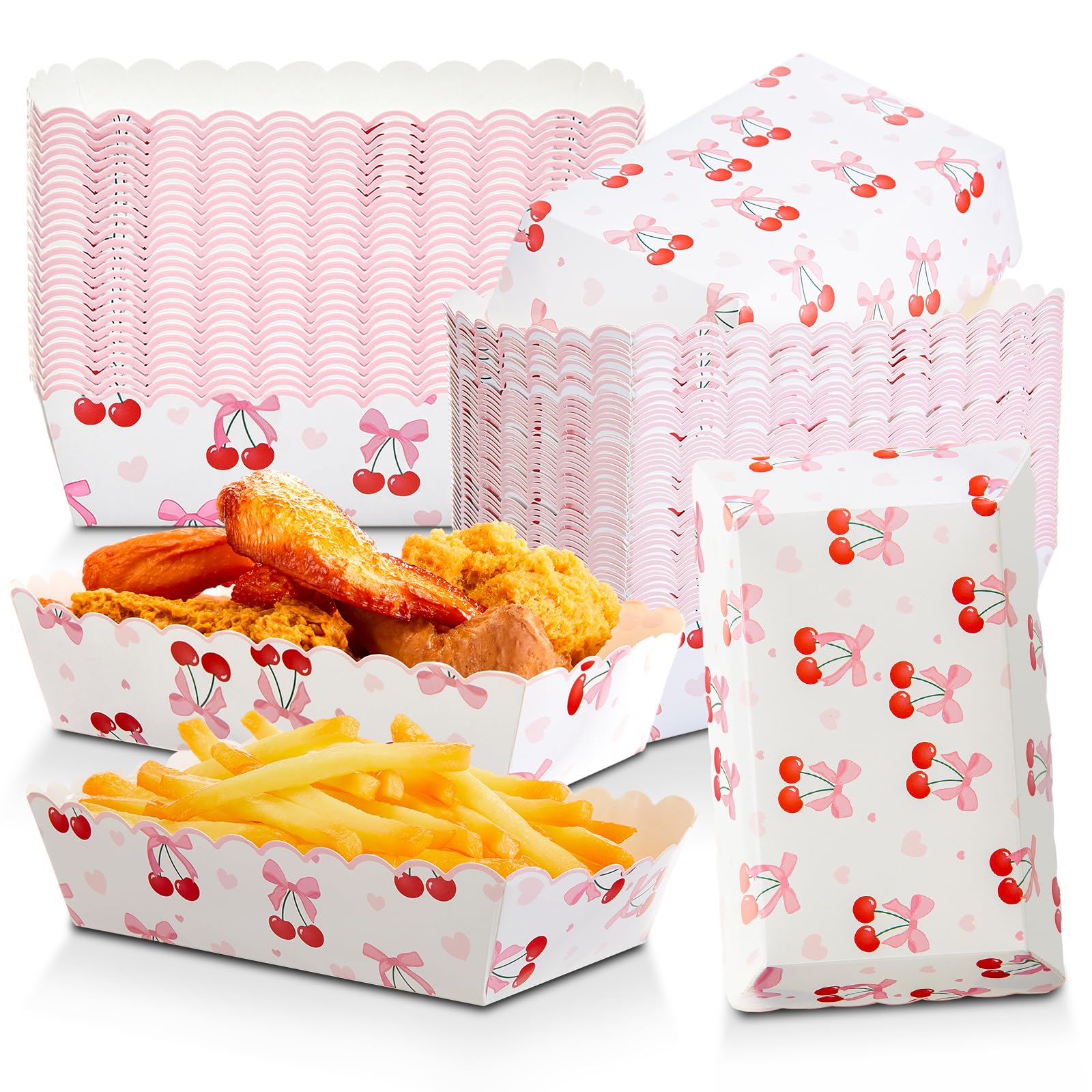 Roshtia 50 Pcs Cherry Bow Paper Food Boats Trays Plates Bulk Cherry Bow Birthday Party Supplies Disposable Food Nacho Boats Pape