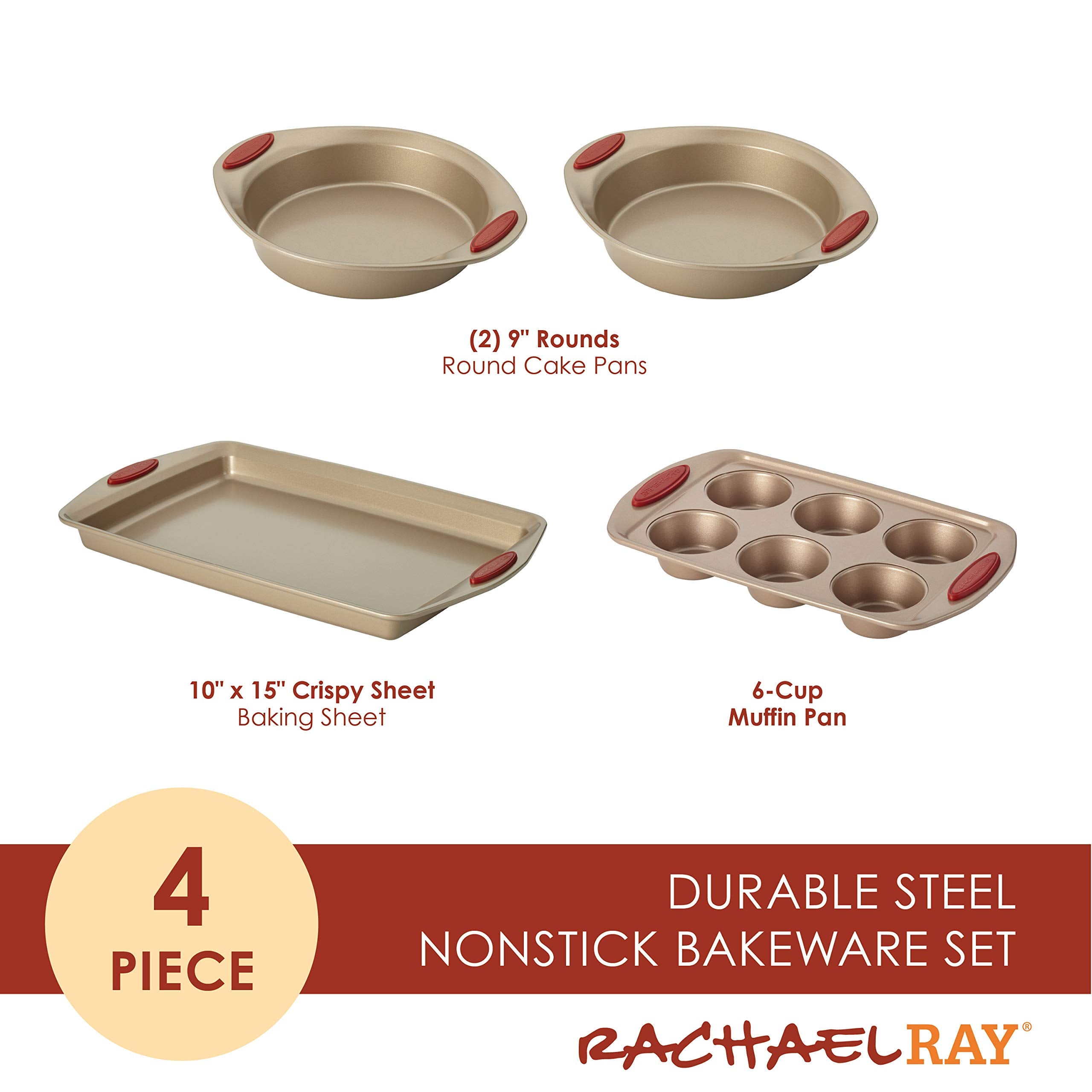 Rachael Ray Cucina Bakeware Set Includes Nonstick Cake Cookie Baking Sheet And Muffin Cupcake Pan, 4 Piece, Latte Brown With Cra