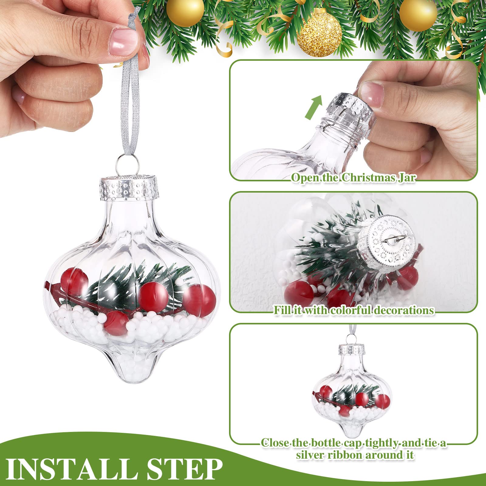 Leitee 12 Pcs Christmas Plastic Ornament Balls, 3 Inches Lantern Shape Fillable Clear Ornaments Balls with Screw Off Caps and Ro