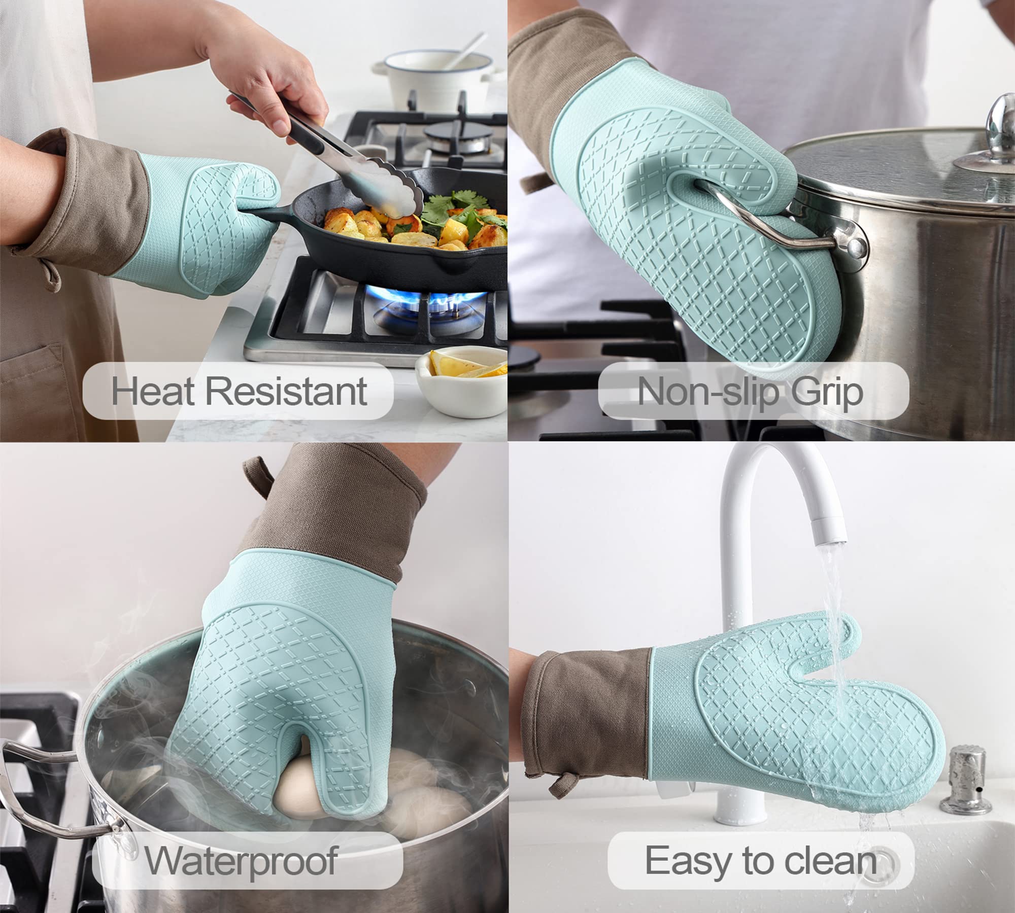 Domonic Home Oven Mitts And Pot Holders Sets, Silicone Heat Resistant 600F, Soft Lining Good Grip, Oven Gloves And Trivet Mats 4