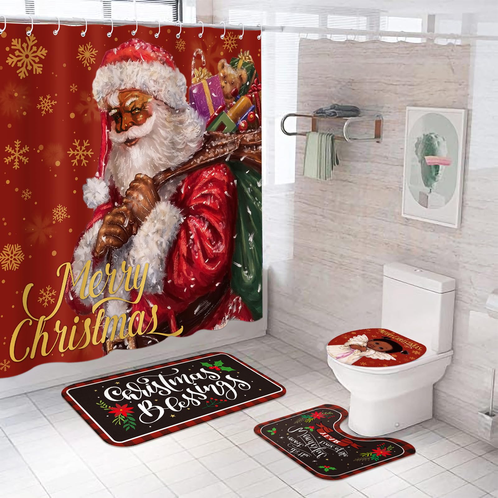 Preboun Black Santa Christmas Shower Curtain Set 72 X 72 In Winter Holiday Party Christmas Bathroom Curtain With 12 Hooks Non Sl