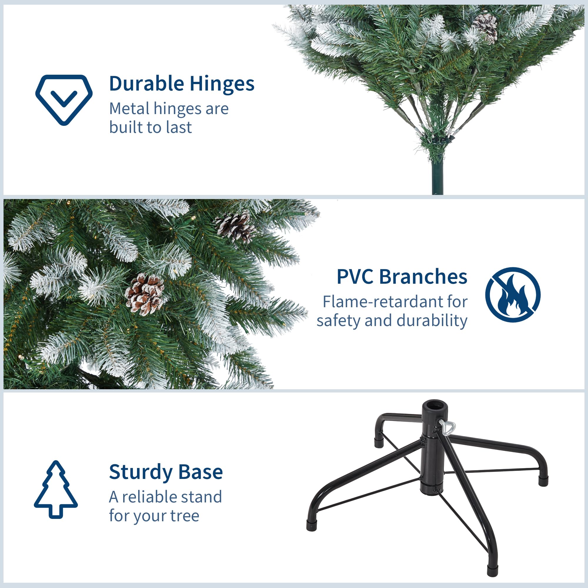 6FT Pre-Lit Artificial Christmas Tree,Christmas Pine Tree with Pine Cones,250 LEDs & 748 Tips - Hinged Stand PVC Holiday Trees D