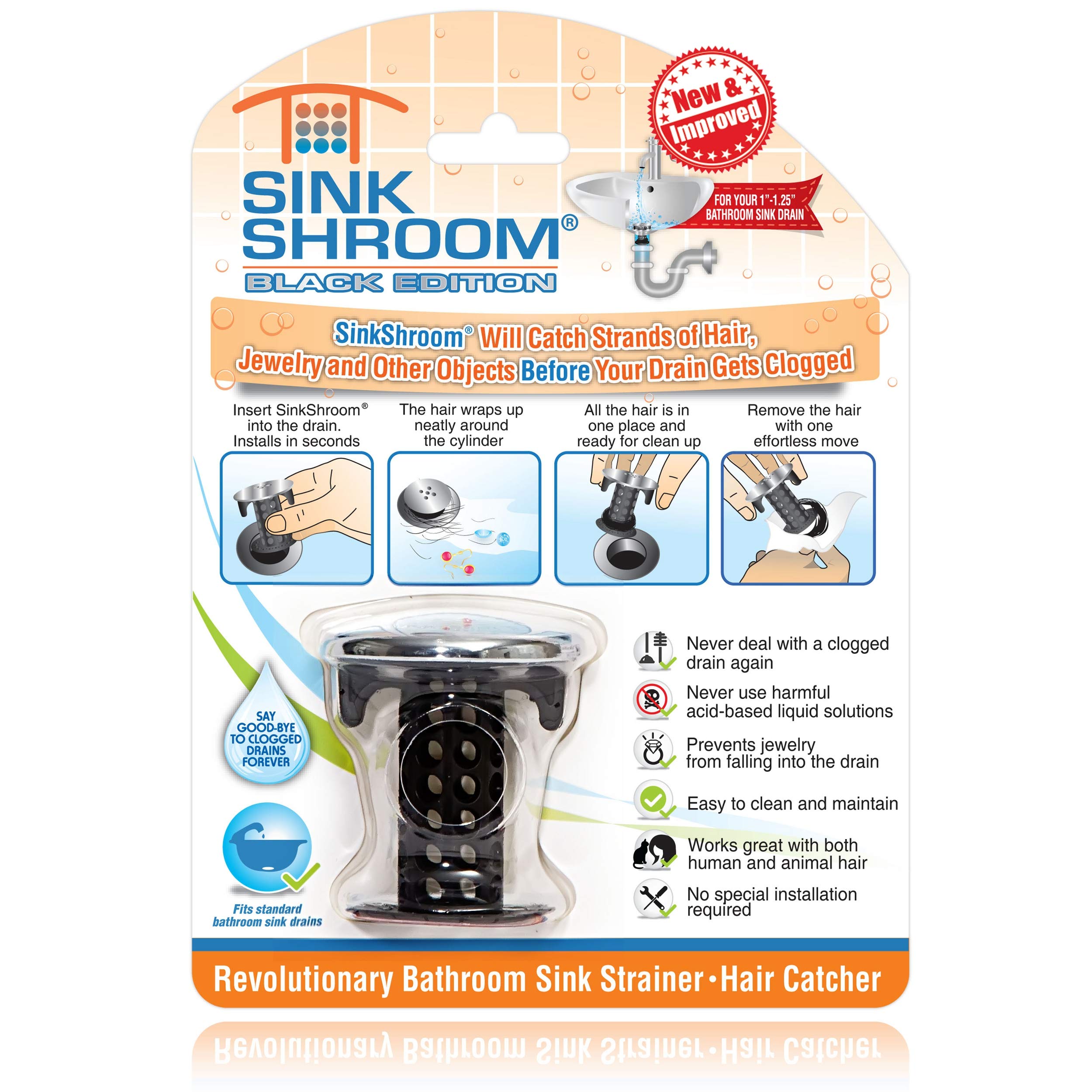 Sinkshroom Chrome Edition Revolutionary Bathroom Sink Drain Protector Hair Catcher, Strainer, Snare, Black
