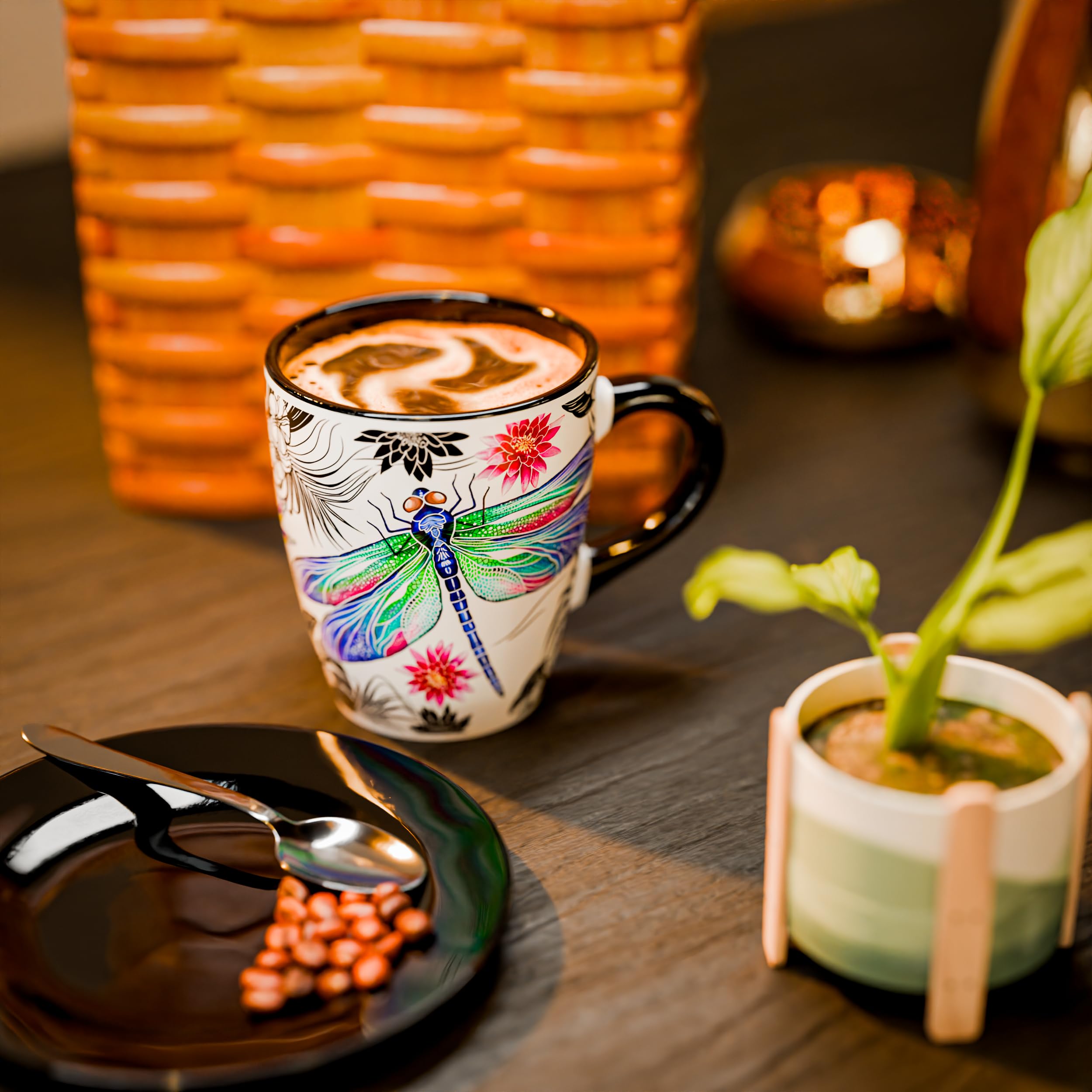 Color Changing Dragonfly Coffee Mug 12oz - Heat Sensitive Ceramic Cup with Floral Reveal - Dragonfly Gifts for Women, Unique Cof