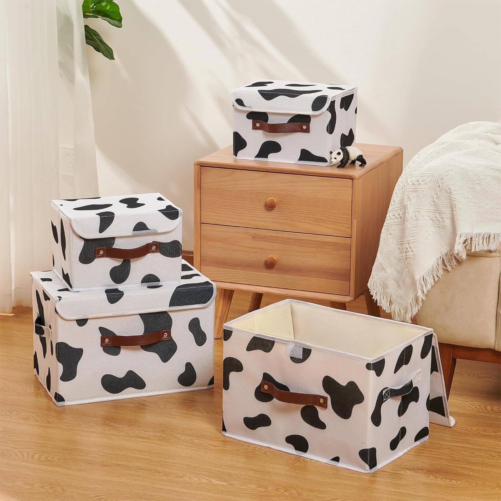 Vinnegenzz Storage Bin With Lid Cow Print Cute Fabric Storage Basket Box With Faux Leather Handles Pp Plastic Board Foldable Was