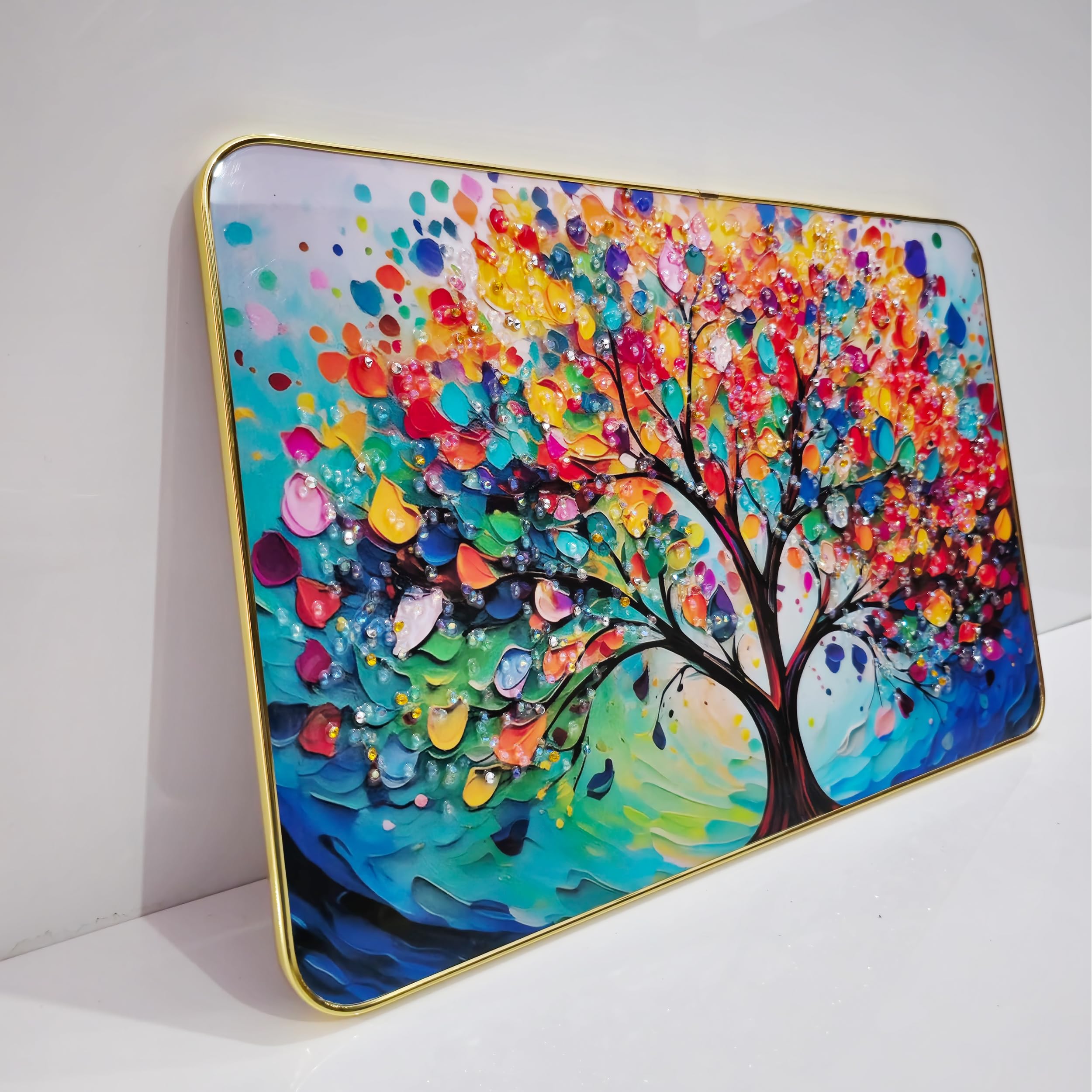 Masstone Decorative Tree Wall Painting With Crystal Embedded High Gloss Surface Gold Slim Frame Embossed, 45X30 Cm Wall Hanging