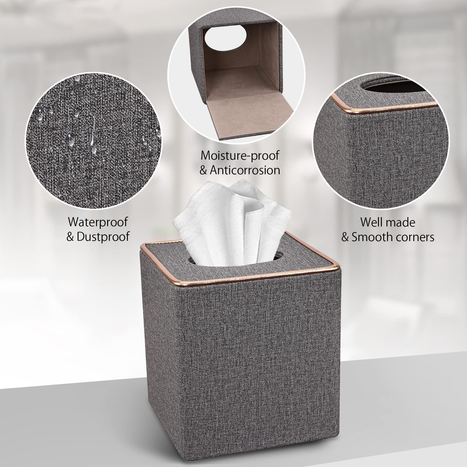Tissue Box Cover  PU Leather Tissue Box Holder Square Kleenex Box Covers for Home/Office/Car Decoration 5.3''X5.3''X5.8'' - Grey