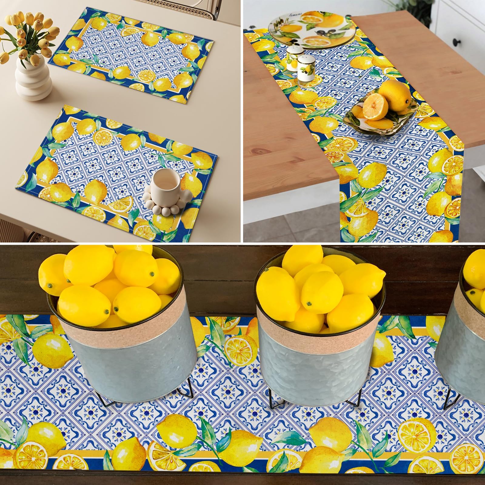 Whomeaf Capri Blue Lemon Table Runner Italy Tile Burlap Artificial Yellow Lemon Fruit Table Runners Farmhouse Coffee Table Cente