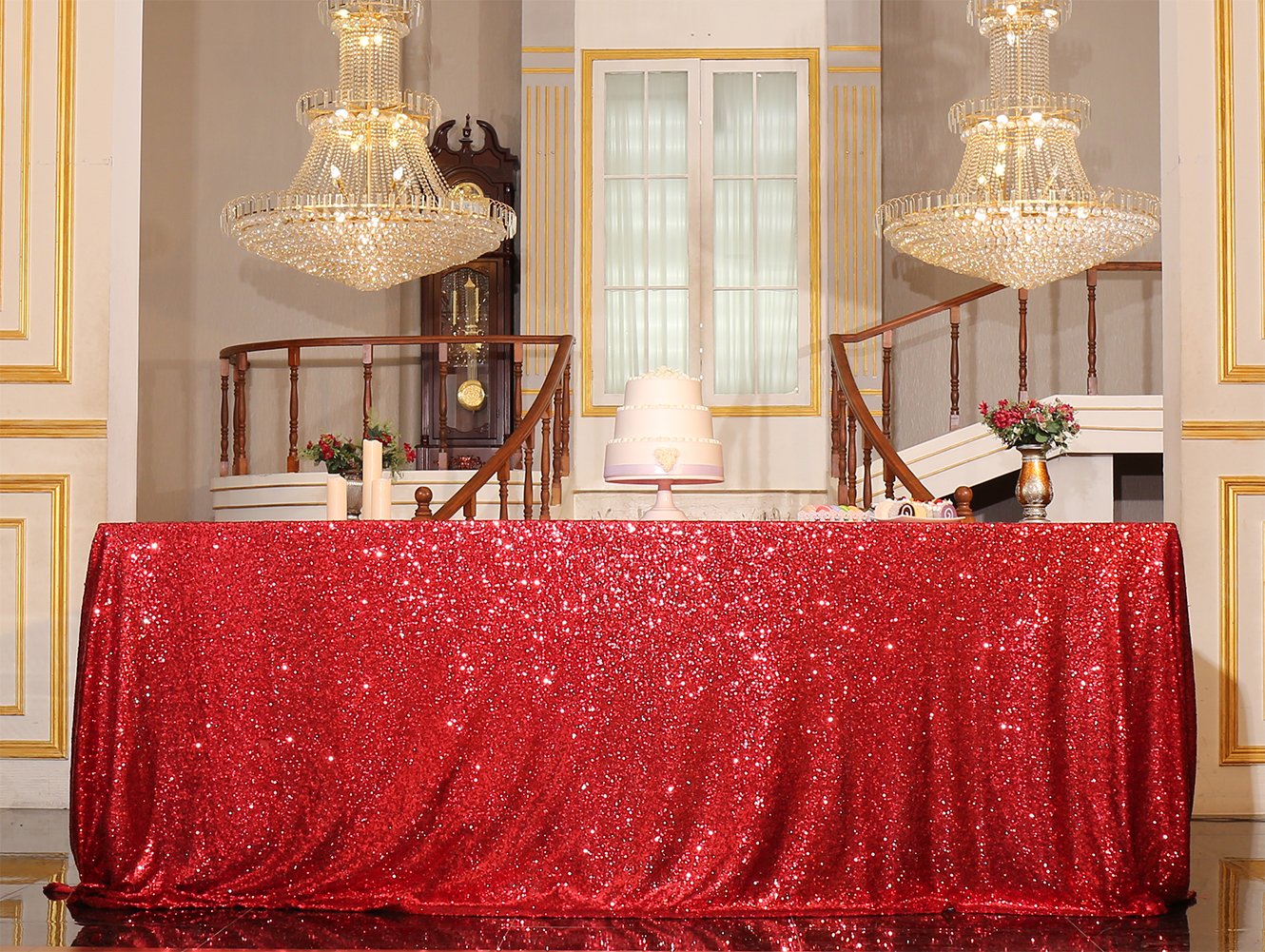 Partydelight Sequin Tablecloth, Wedding, Sweetheart, Christmas Tree, Rectangular, 48''X72'', Dark Red