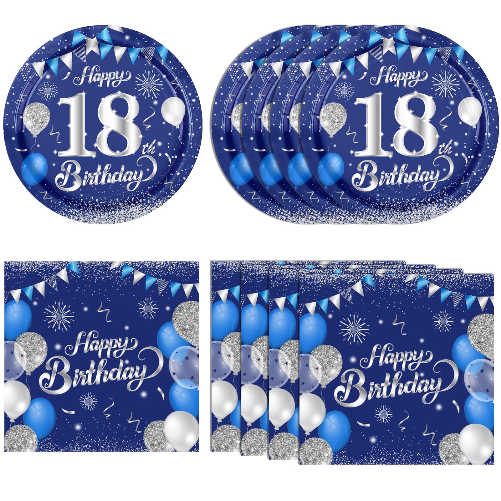 40Pcs Happy 18Th Birthday Decrations For Men Women Blue And Silver Themed Disposable Party Favors Includeing Plates And Napkins