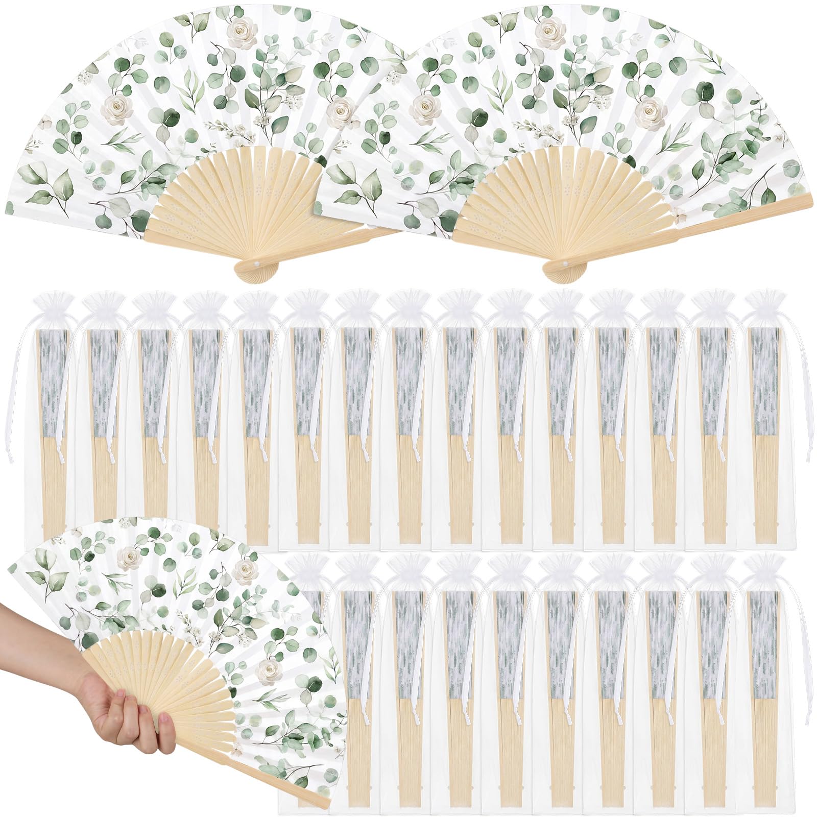 Memorywuu 25 Pcs Sage Green Eucalyptus Leaf Folding Hand Fan Bulk with Organza Bags Greenery Tea Party Favors for Guests Foldabl