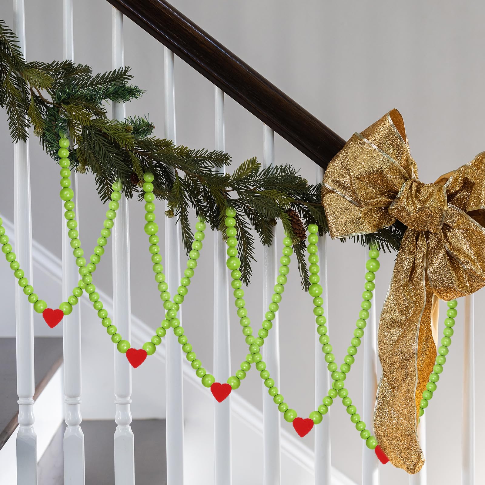Yalikop 12 ft Christmas Wooden Beads Garland Green Christmas Tree Beads Red Heart Green Geek Decoration for Xmas Tree Home Mante