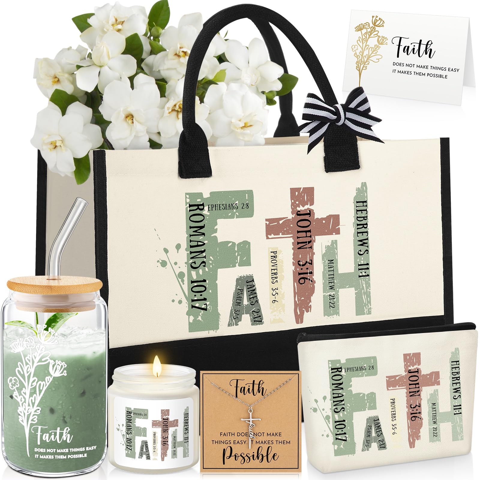 SilTriangle 6 Pcs Christian Gifts for Women Faith Set Religious Church Gift with Tote Bag Makeup Bag Candle Cross Necklace Cup G