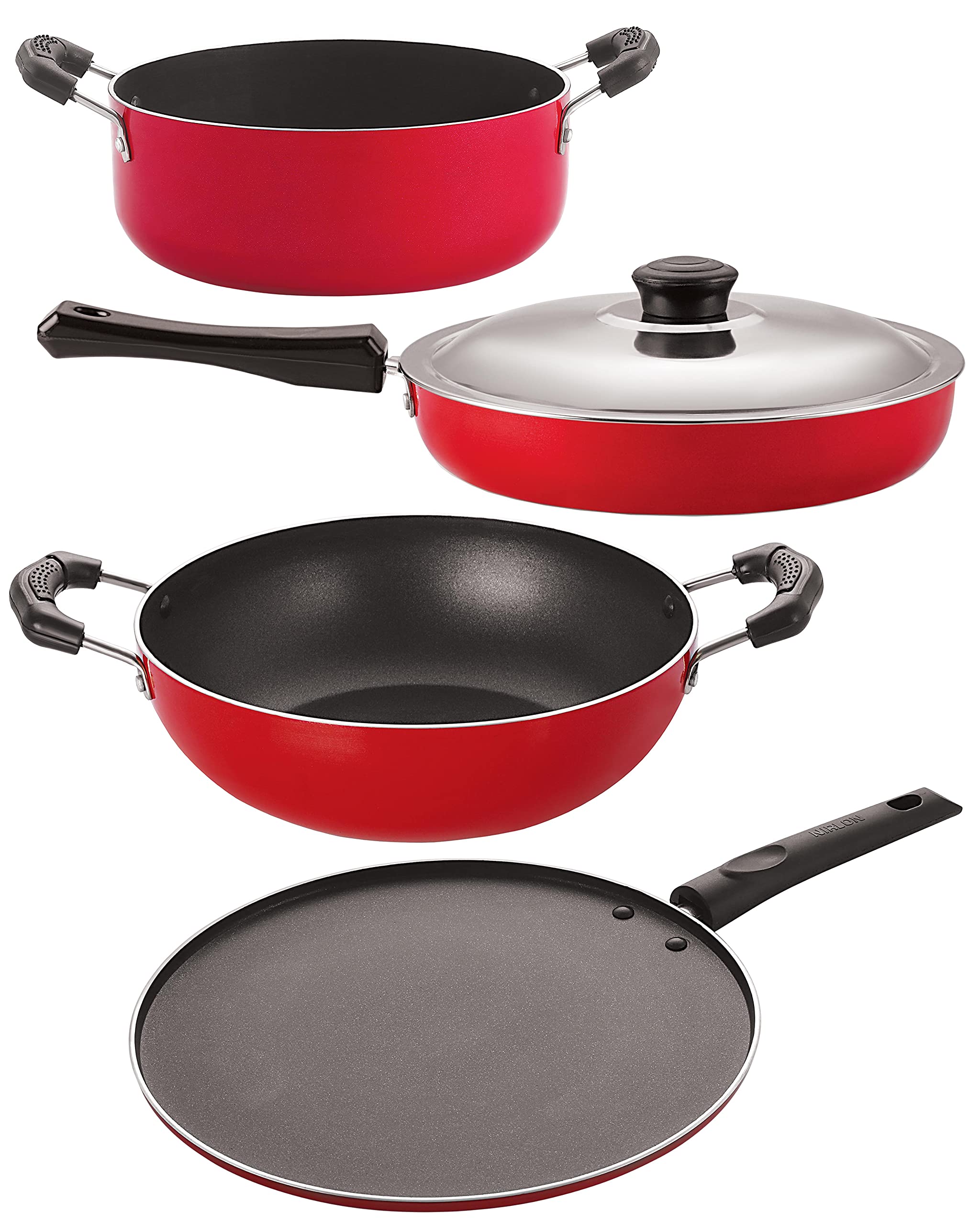 Nirlon NonStick Aluminium Cookware Set Of 4 Pieces Red Color (Fp13_Kd14_St12_Cs24)