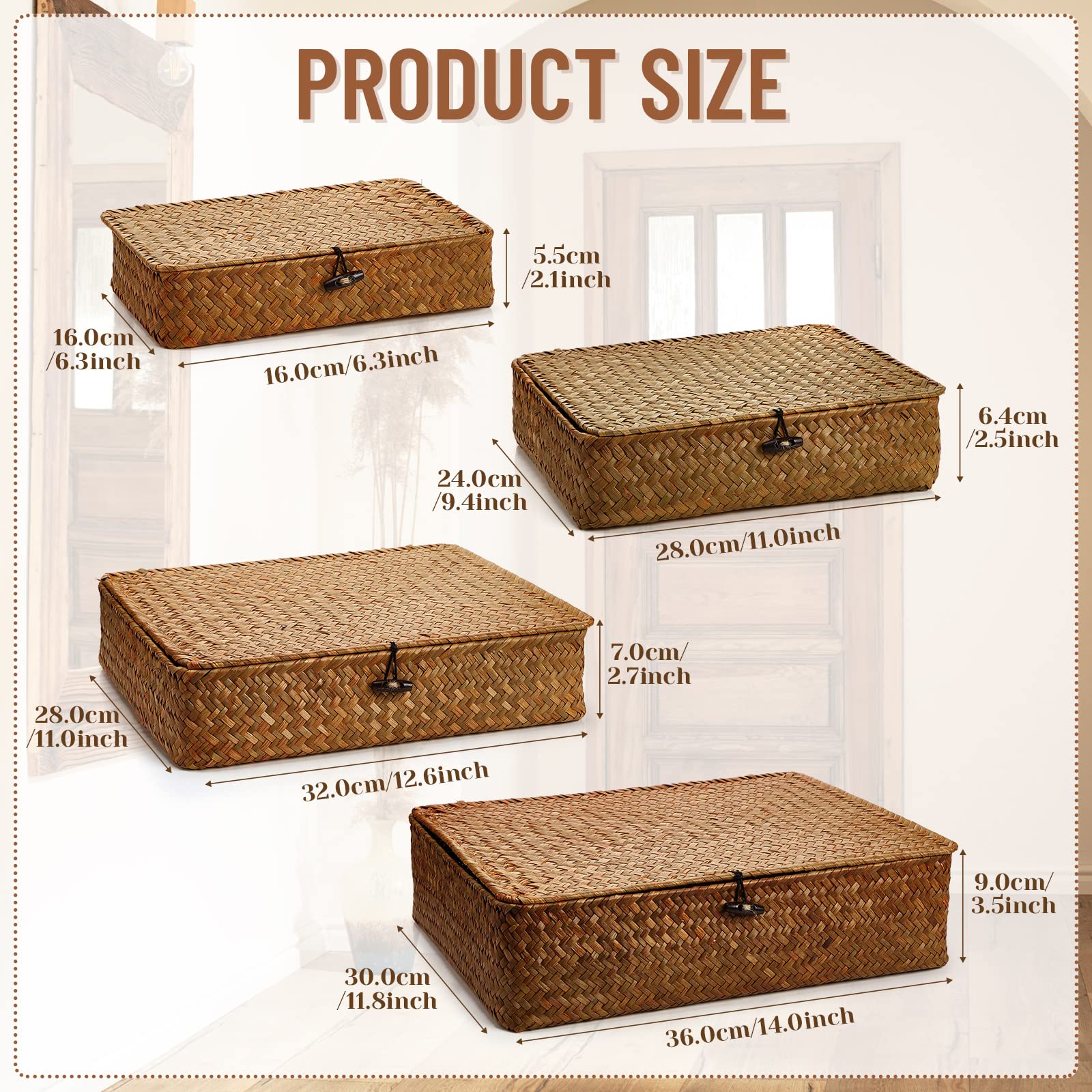 Didaey Set Of 4 Seagrass Basket With Lid Wicker Storage Basket Decorative Storage Boxes With Lids Flat Storage Bins Woven Organi