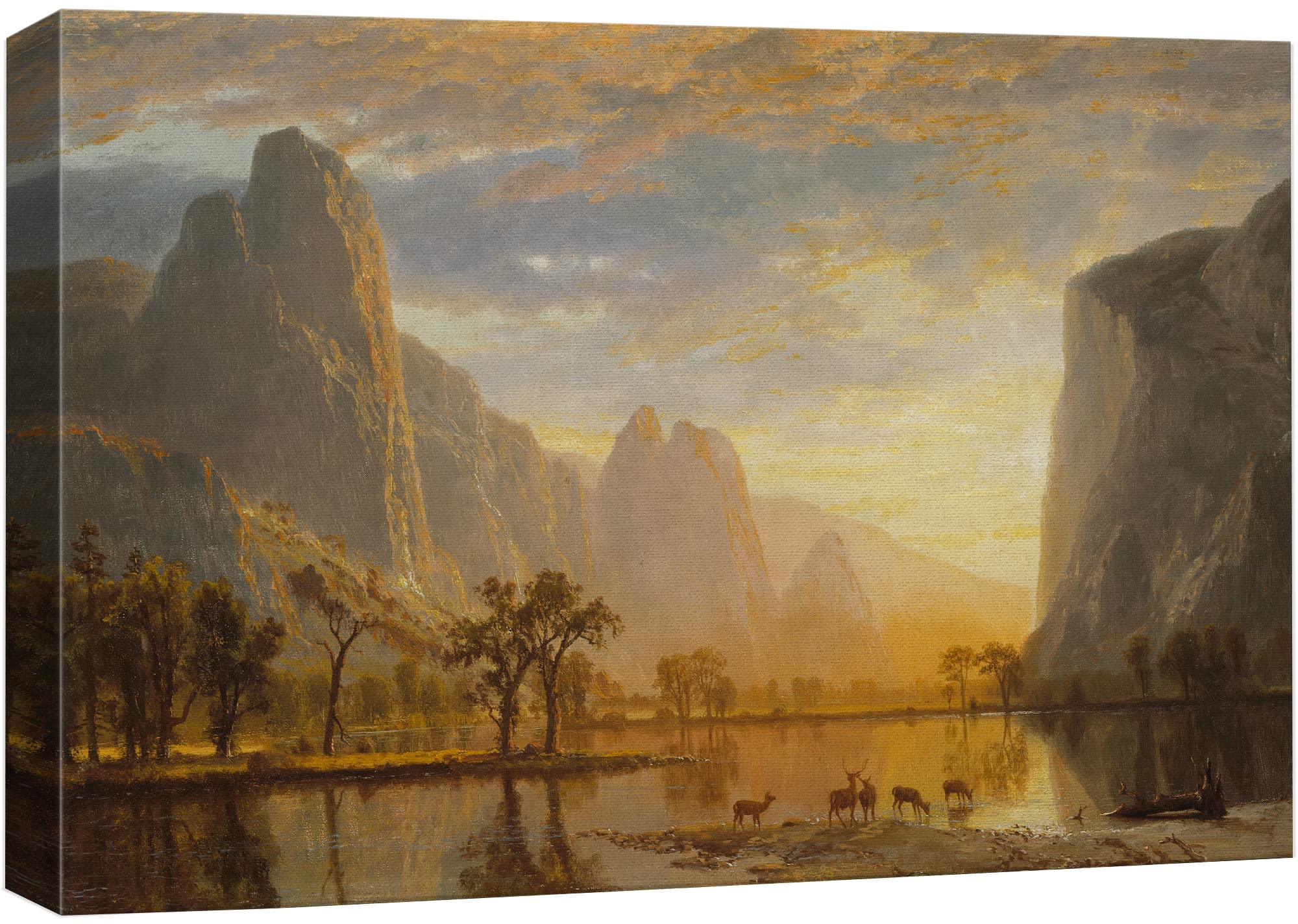 Wall26 Canvas Print Wall Art Golden Hour Over Mountain Landscape & Deer Nature Wilderness Illustrations Modern Art Rustic Scenic