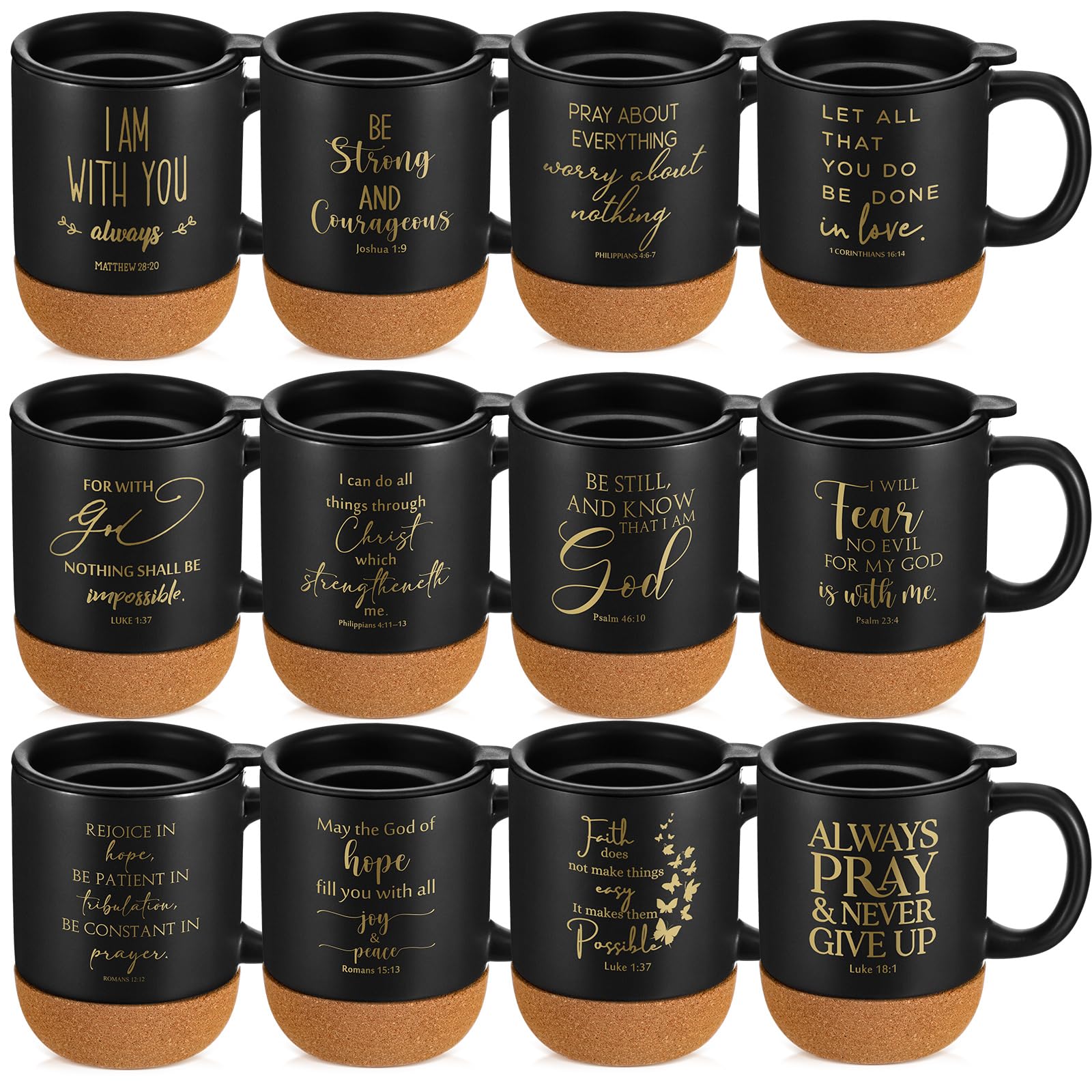 FillTouch 12 Pcs Christian Gifts Coffee Mugs Bulk,Black,Classics