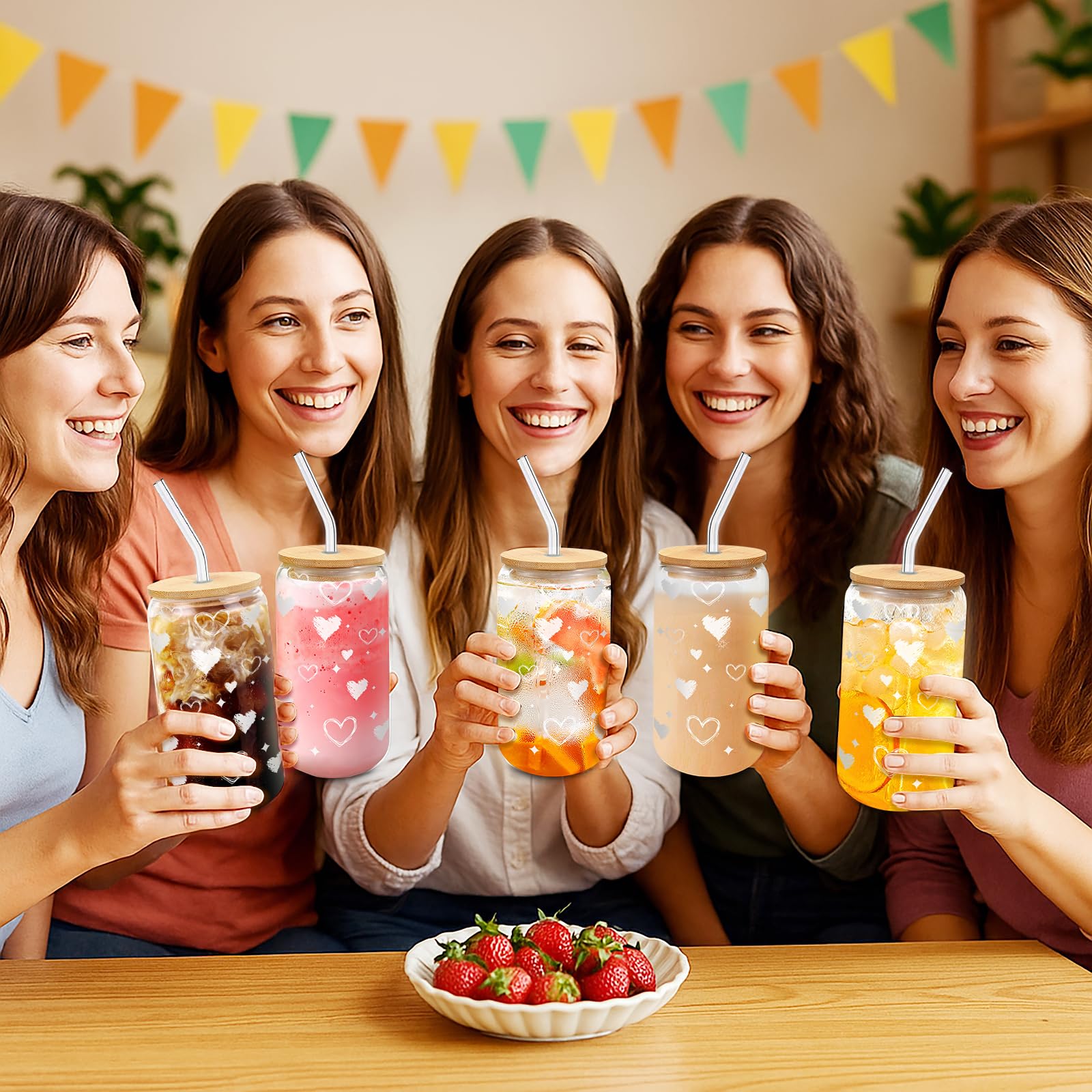 DAMCONME Glass Cups with Lids and Straws - 4 Pack 16oz Heart Tumblers for Cold Drinks, Iced Coffee, Tea, Juice - Sharing Drinkwa