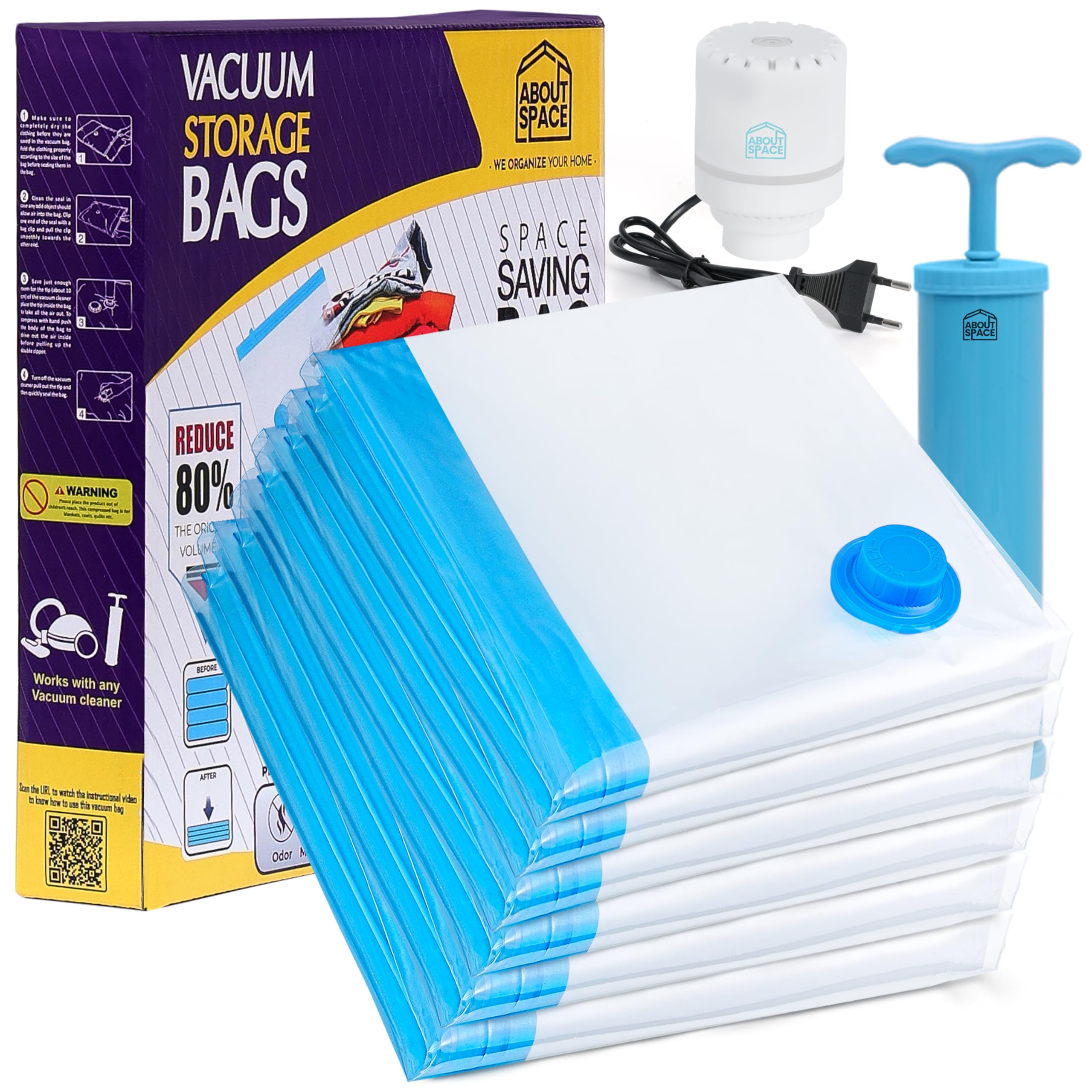 About Space Vacuum Compression Bags (6 Pack) With Hand & Electric Pump | Jumbo Zip Seal Storage Bags | HeavyDuty Airtight Reusa