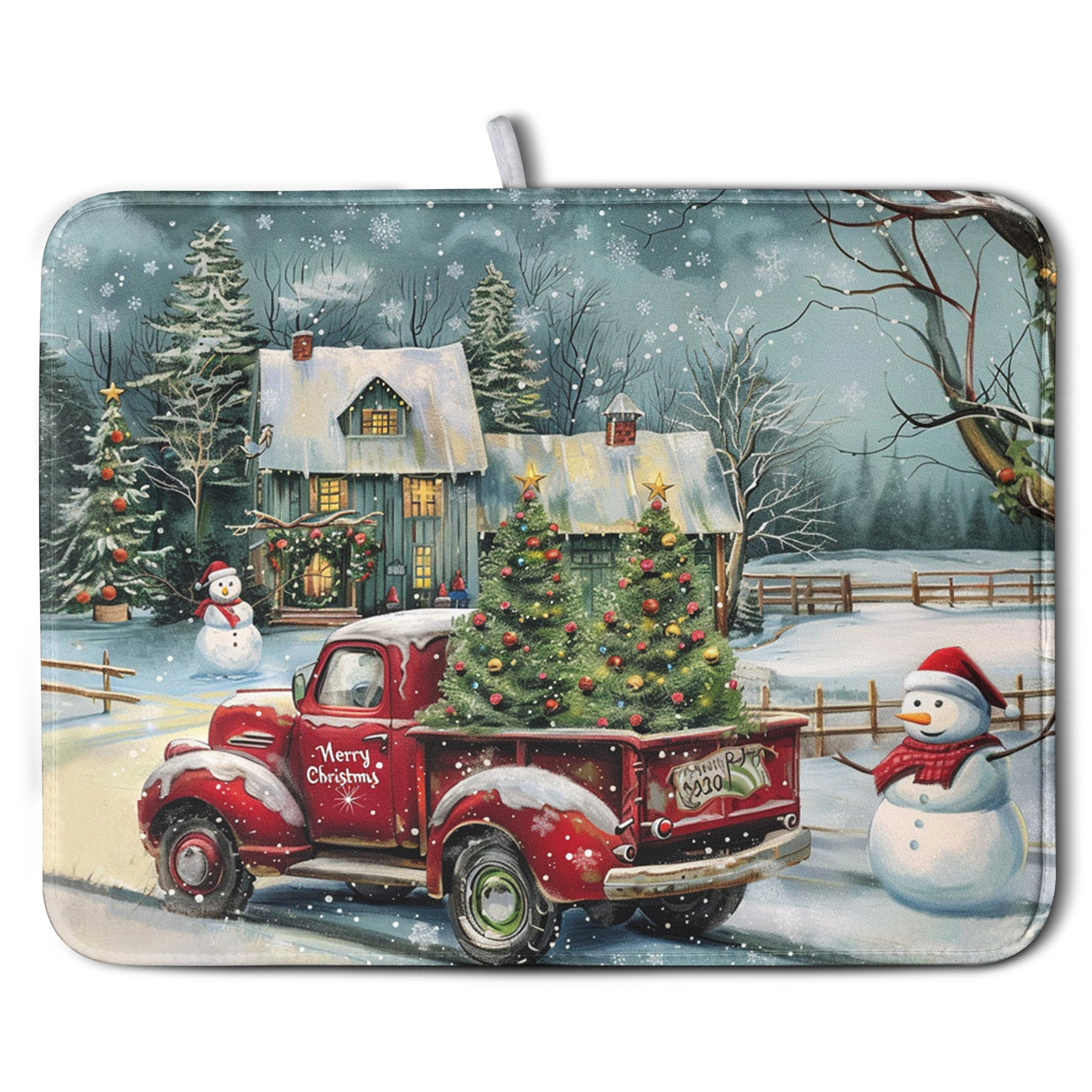 Christmas Red Truck Xmas Tree Snowman Dish Drying Mat for Kitchen Counter 18x24 Inch Winter Snowflake Vintage Absorbent Dish Pad