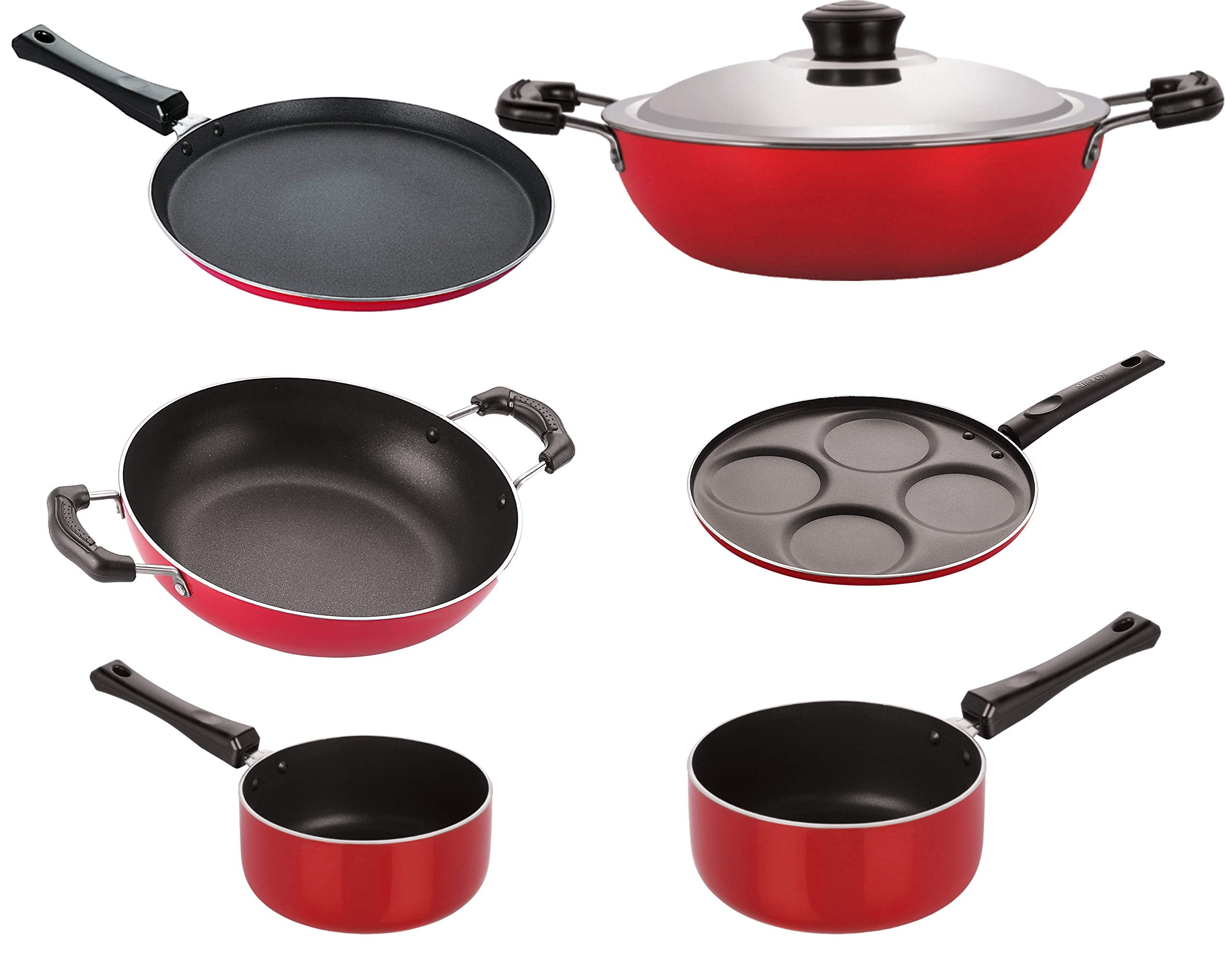Nirlon Non Stick Cooking Pan And Pot Utensils Gift Kitchen Set Of 6 Pieces (2.6Mm_Ft13_Kd11_Dkdb_Spm_Spb_Up4)